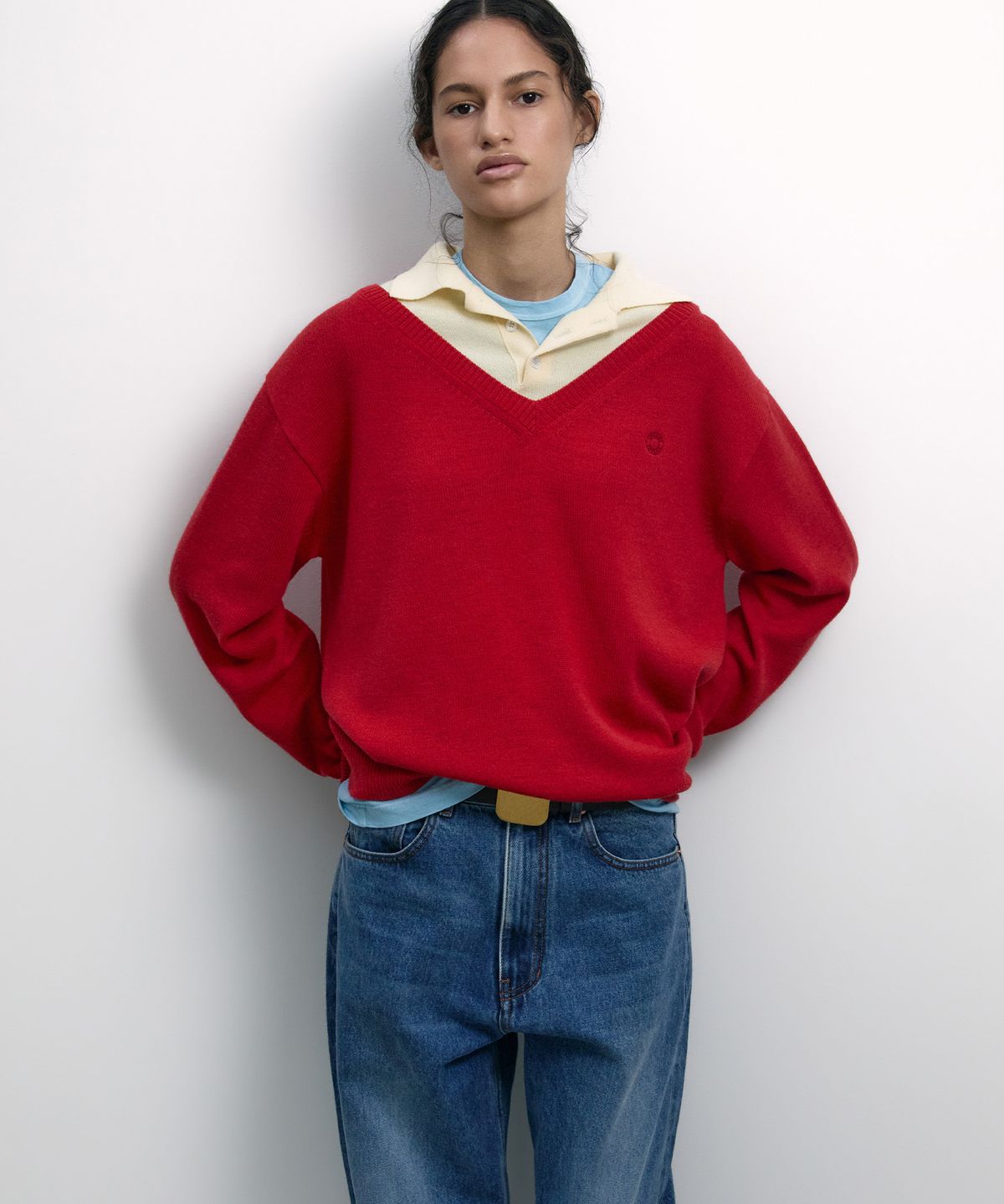 노앙(NOHANT) LAYERED V-NECK COLLAR KNIT RED
