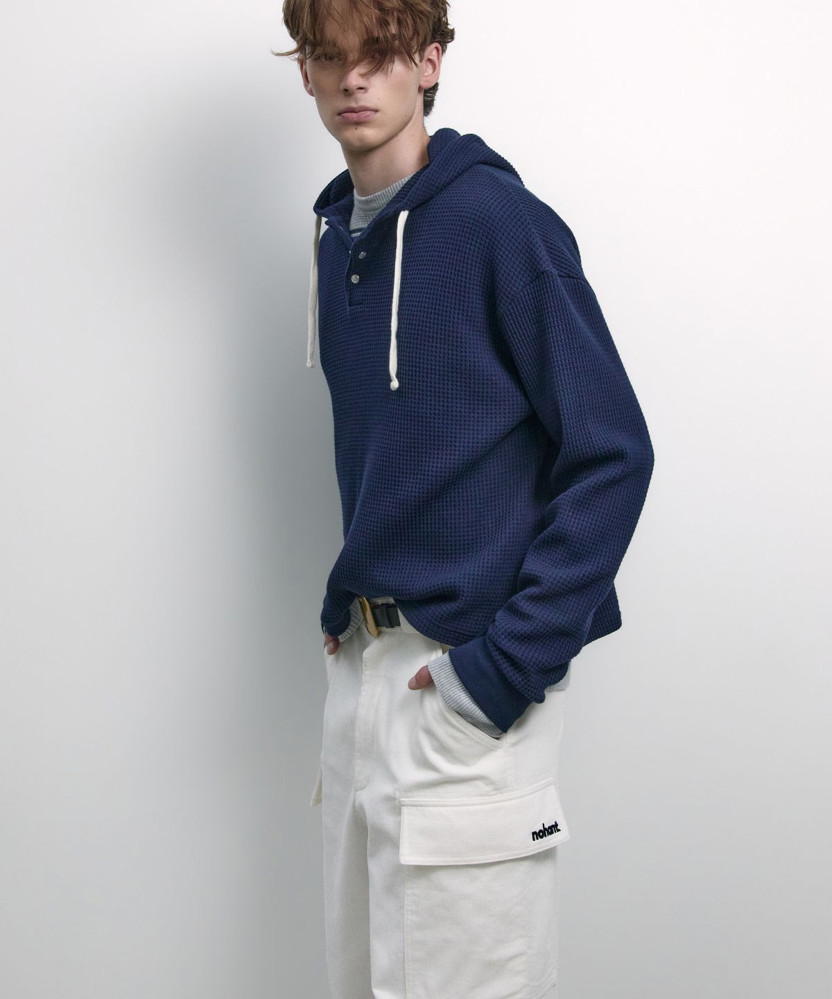 노앙(NOHANT) UTILITY PREPPY WAFFLE HOODIE NAVY