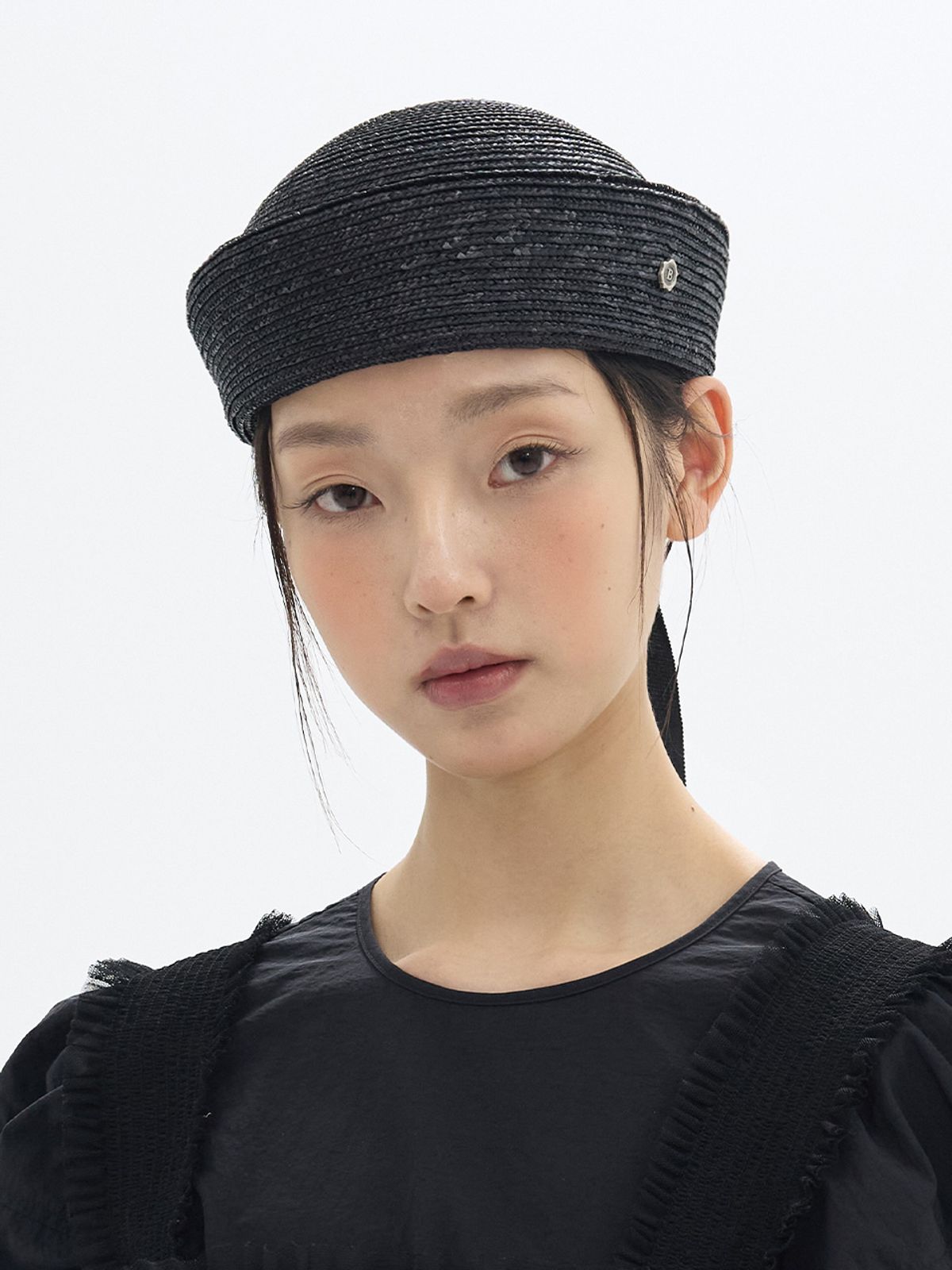 브라운햇(BROWNHAT) 백 리본 스트로 비니 - 블랙