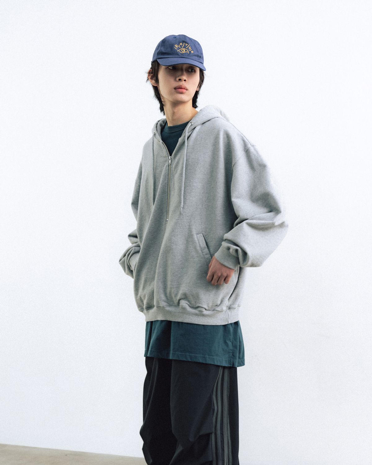 앵글런(ANGLAN) Huge Half-Zip Hoodie - Melange Grey