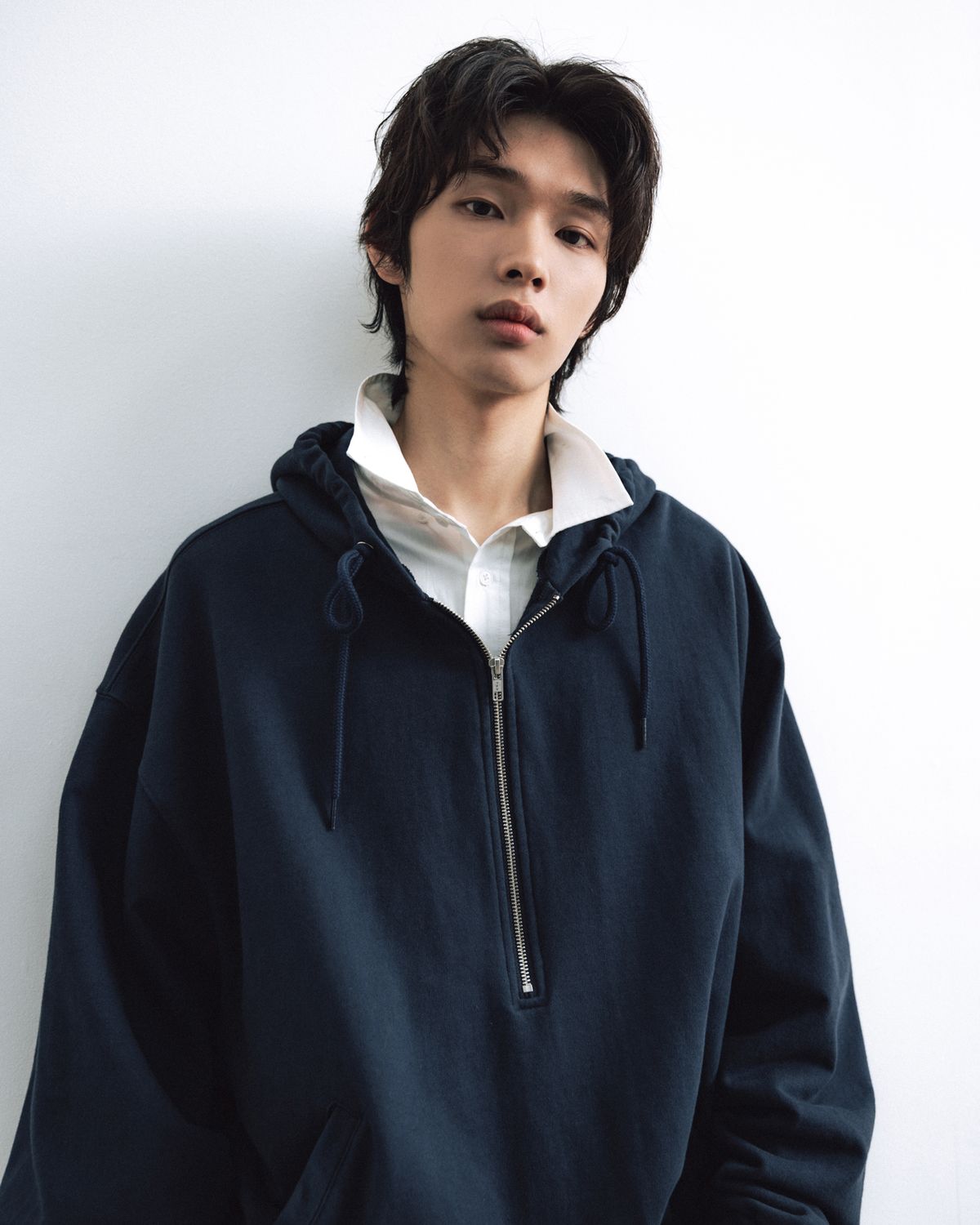 앵글런(ANGLAN) Huge Half-Zip Hoodie - Navy