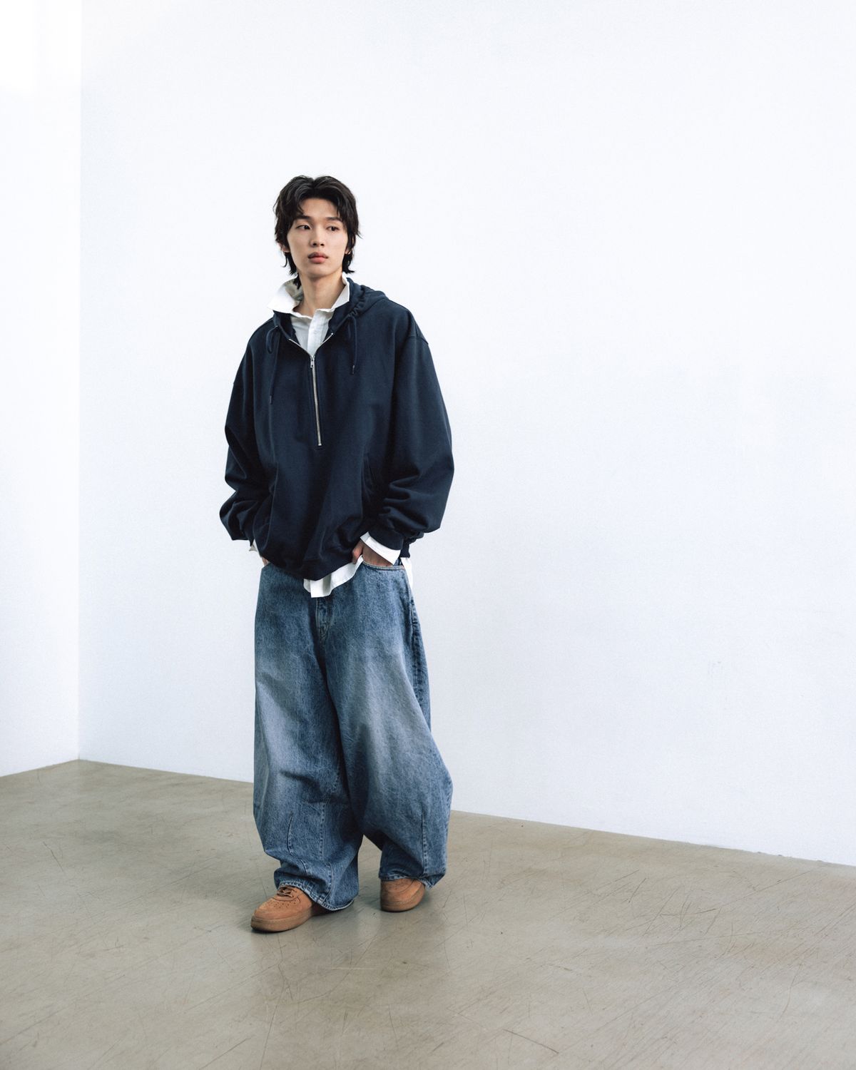 앵글런(ANGLAN) Huge Half-Zip Hoodie - Navy