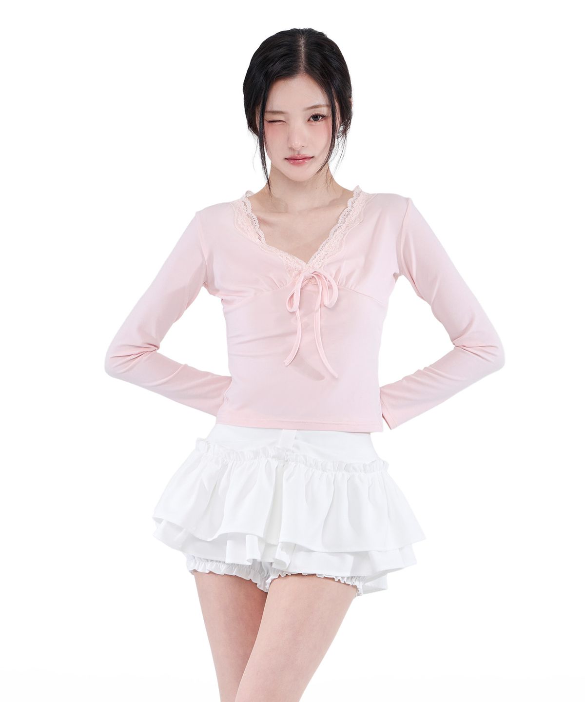 알키알카(ALKI ALKA) Ribbon Tiered Mini Skirt (Ivory)