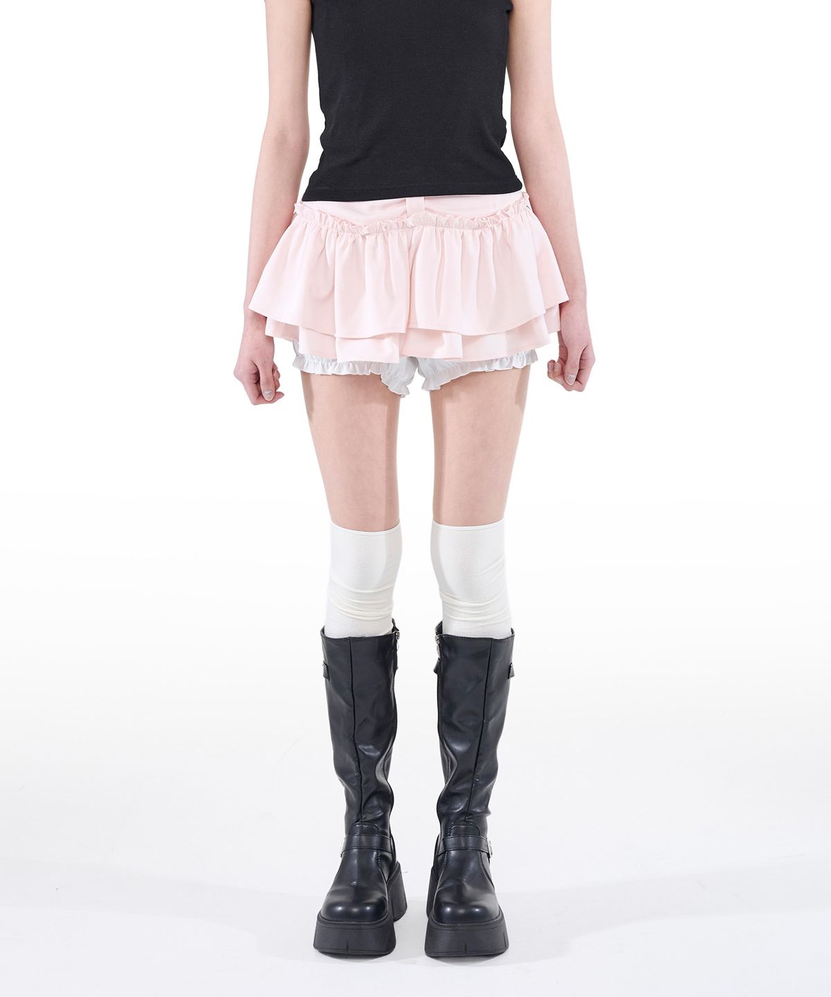 알키알카(ALKI ALKA) Ribbon Tiered Mini Skirt (Light Pink)