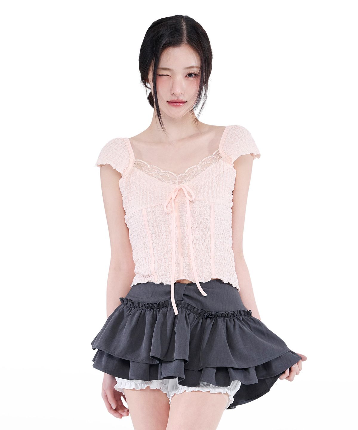 알키알카(ALKI ALKA) Ribbon Tiered Mini Skirt (Charcoal)