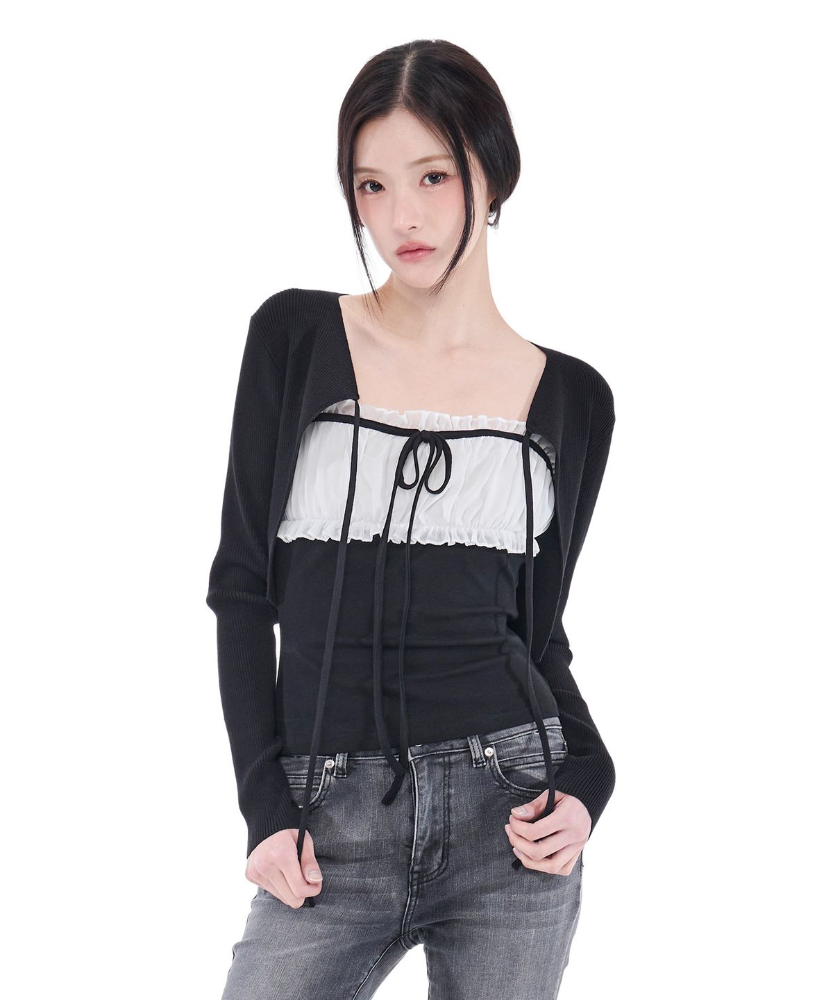 알키알카(ALKI ALKA) Ribbed Ribbon Bolero (Black)