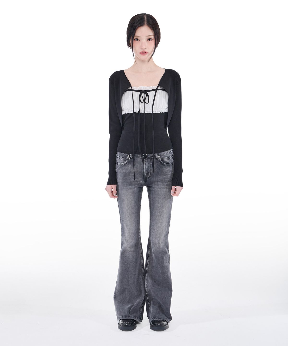 알키알카(ALKI ALKA) Ribbed Ribbon Bolero (Black)