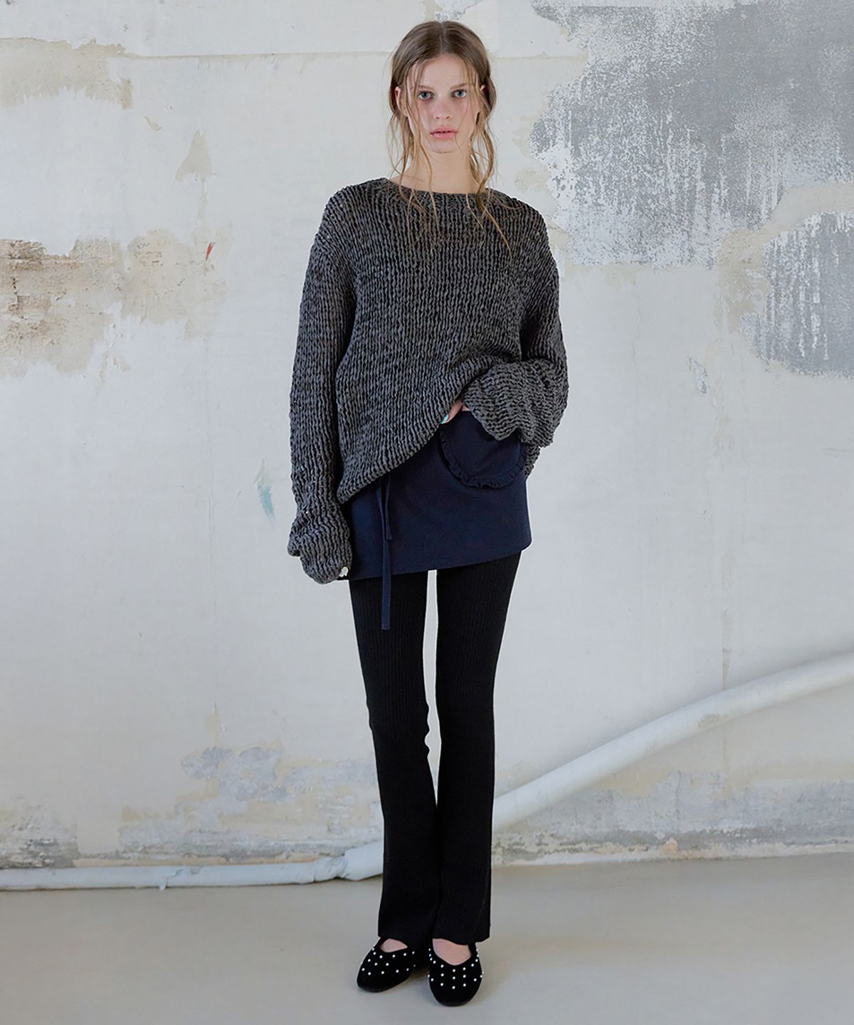 론크(LONQUE) COTTON APRON LAYERED WRAP SKIRT (NAVY)