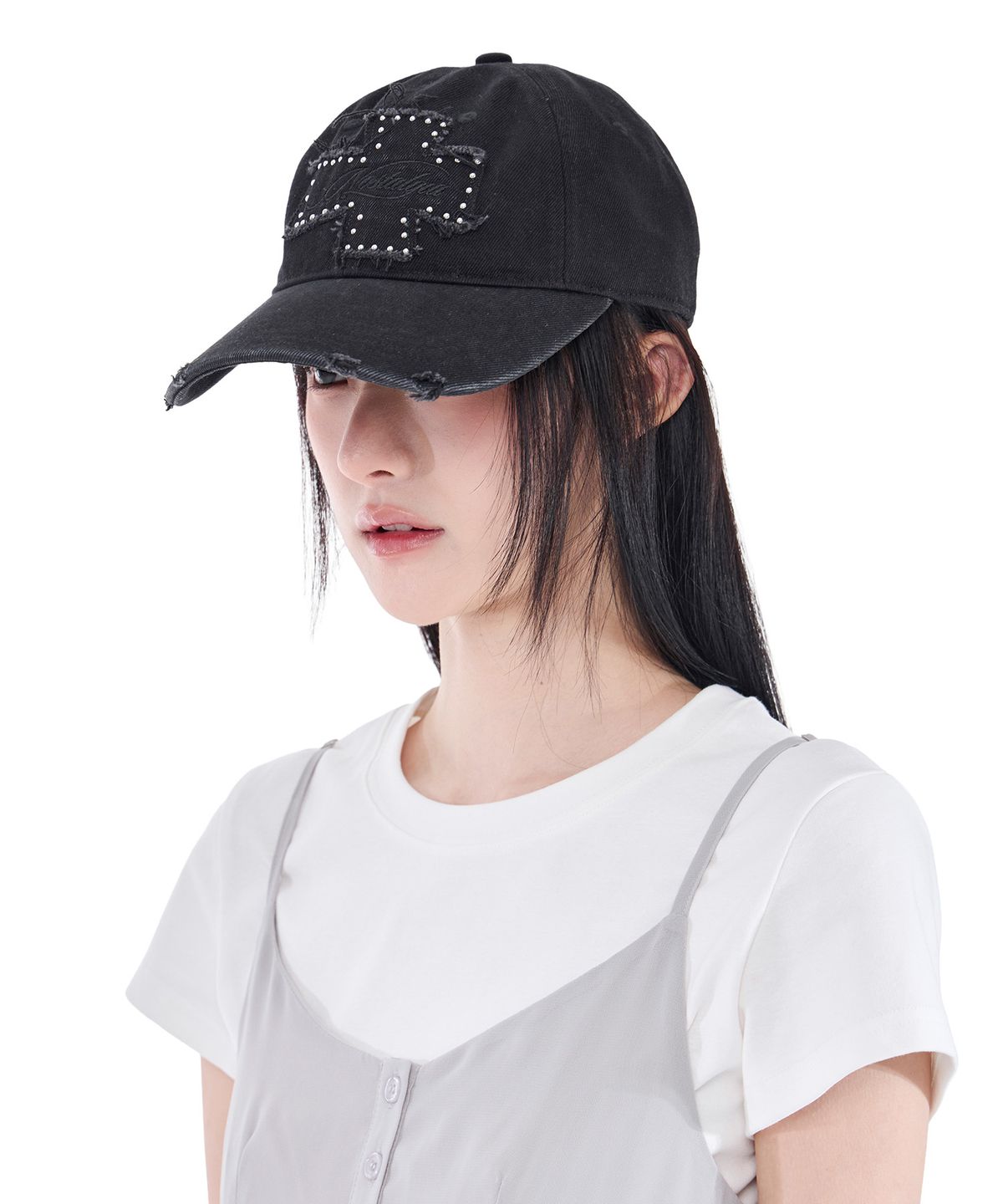 알키알카(ALKI ALKA) Distressed Patch Ball Cap (Black Denim)