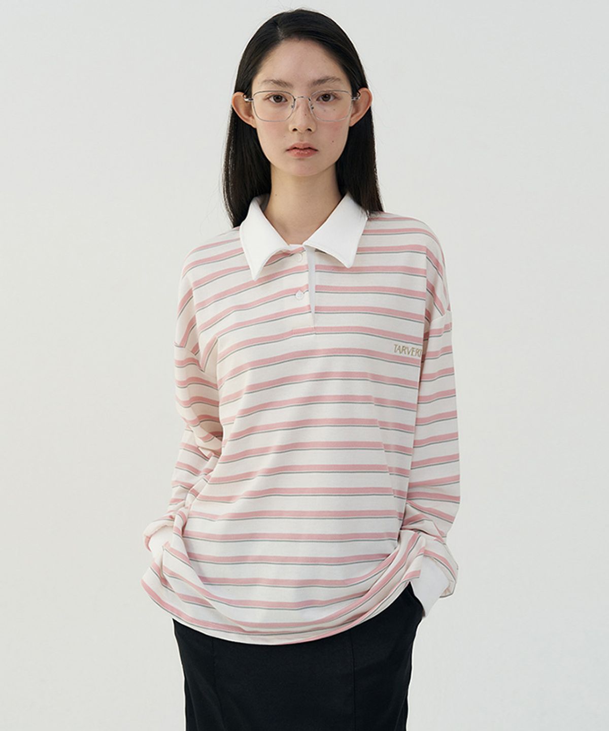 타버트(TARVERT) Pony Striped Collar T-Shirt - Pink