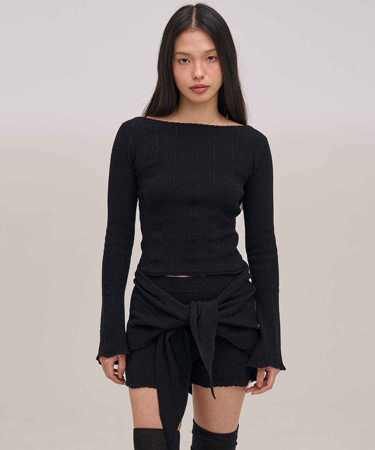 졸리앙볼(JOLIEENVOL) POINTELLE WRAPPED KNIT SHORTS (BLACK)