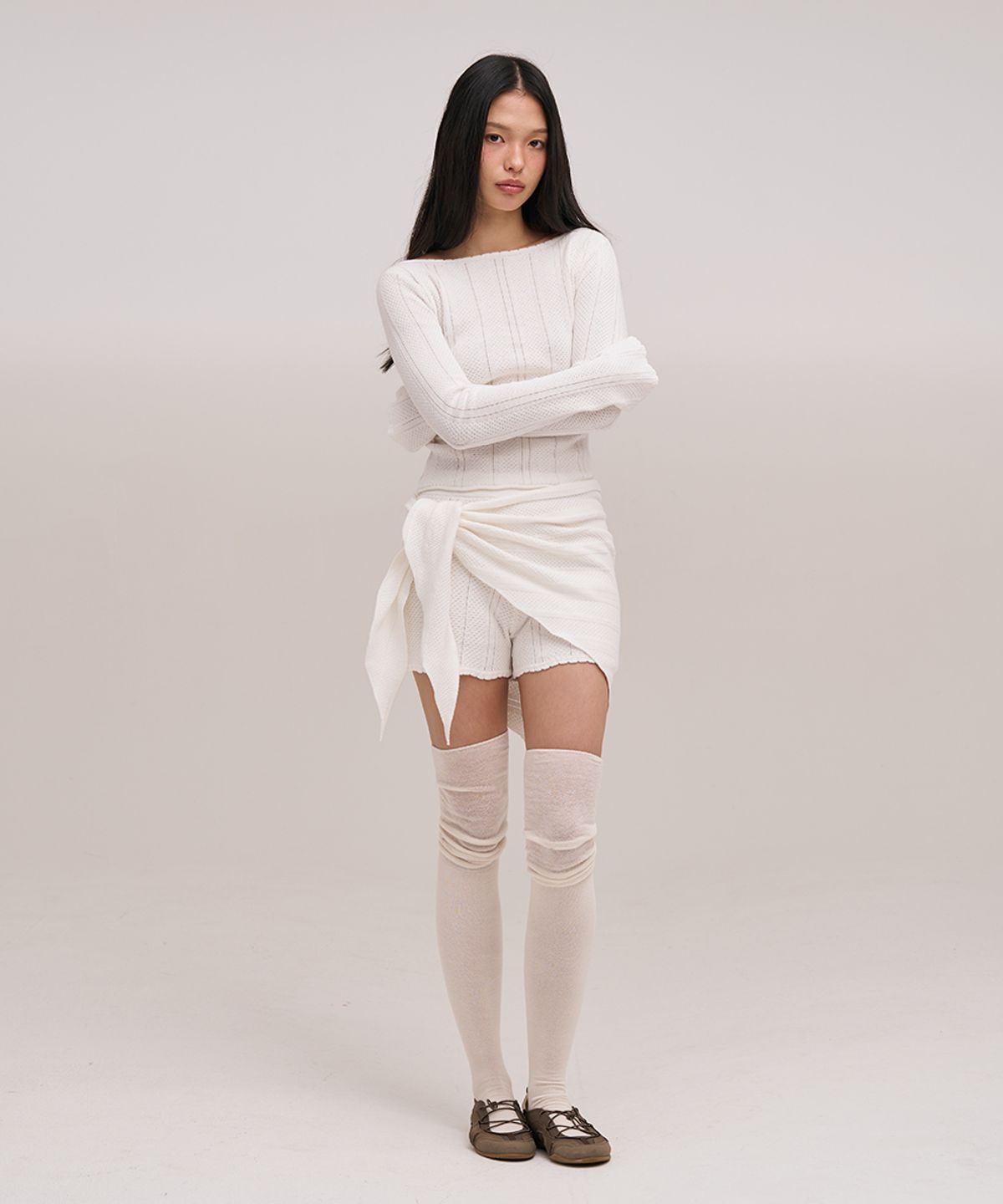 졸리앙볼(JOLIEENVOL) POINTELLE WRAPPED KNIT SHORTS (WHITE)
