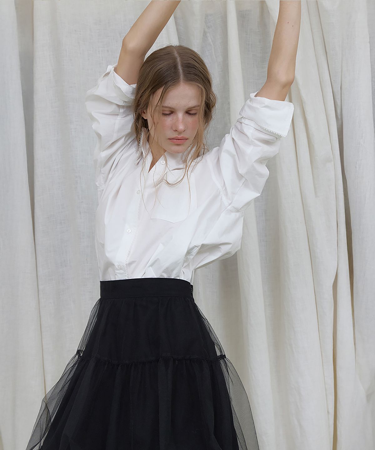 론크(LONQUE) LONQUE LACE TRIMMING OVERFIT SHIRTS (IVORY)