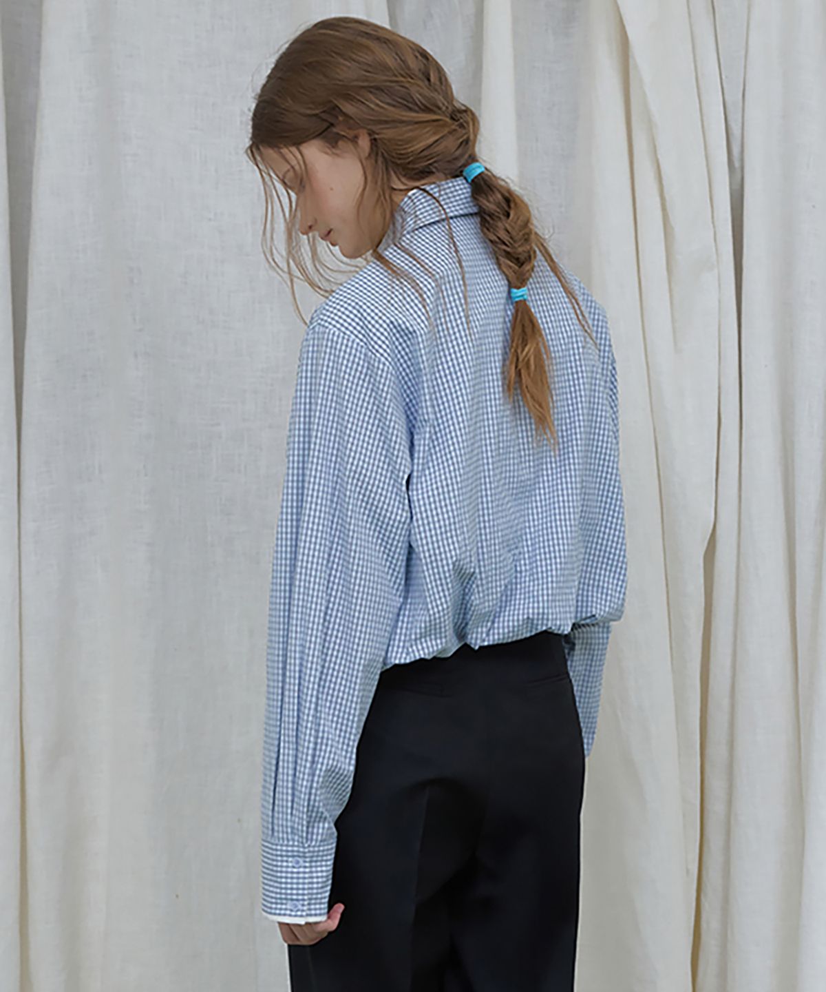 론크(LONQUE) LAYERED BALLOON CHECK CROP SHIRTS (SKY BLUE)
