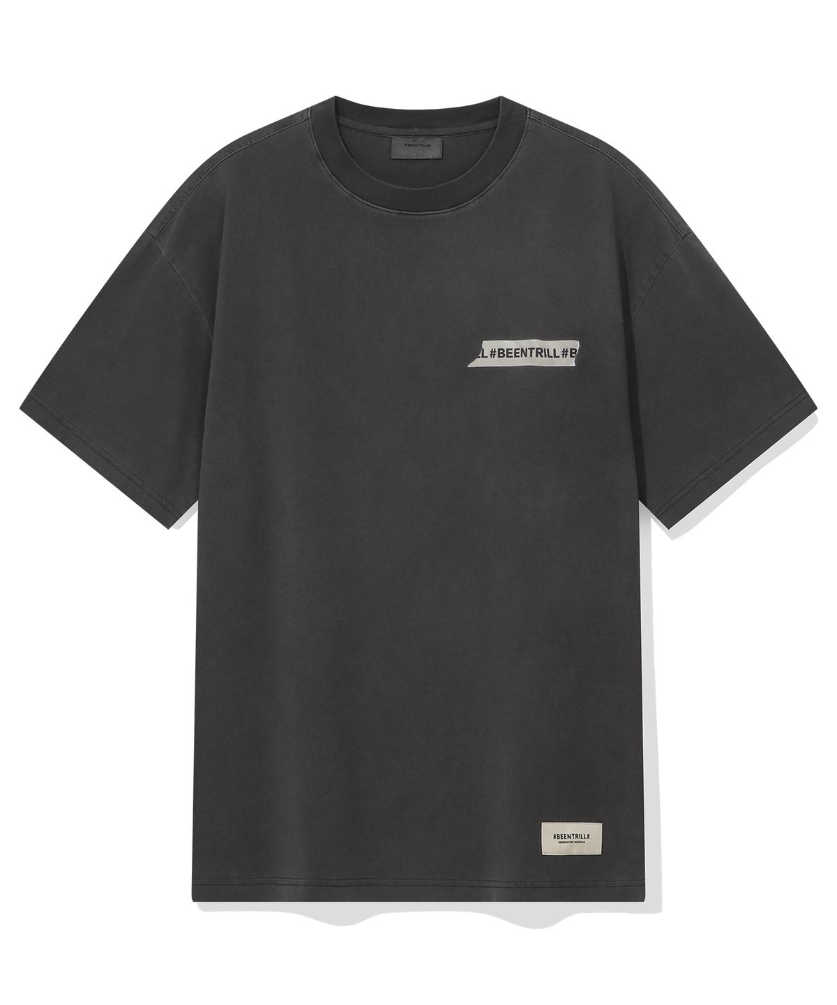 빈트릴(BEENTRILL) 빈티지 마스킹 테이핑 다잉 반팔티(차콜)