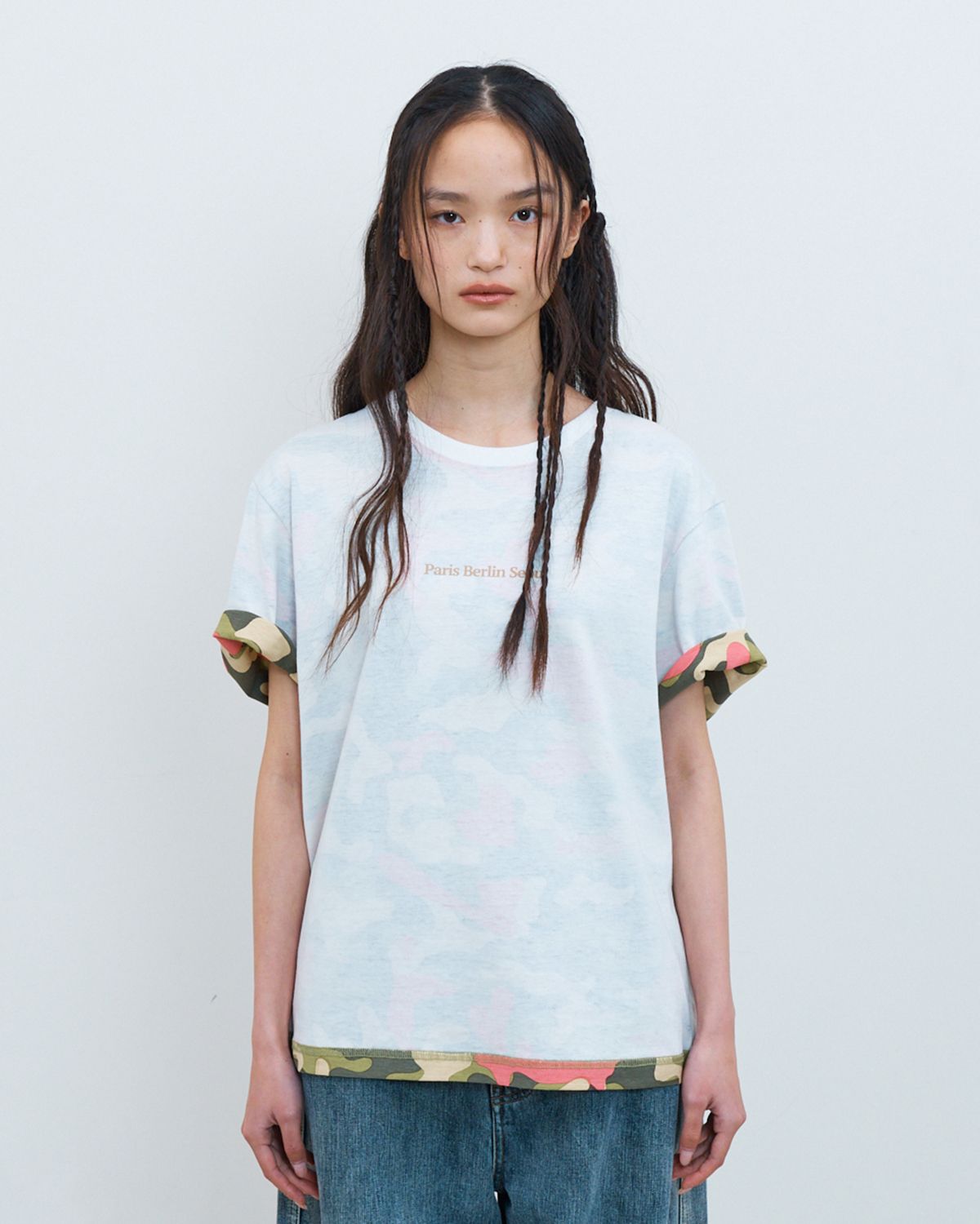 더뮤지엄비지터(THEMUSEUMVISITOR) VINTAGE WASHED CAMO LINED T-SHIRTS (WHITE)