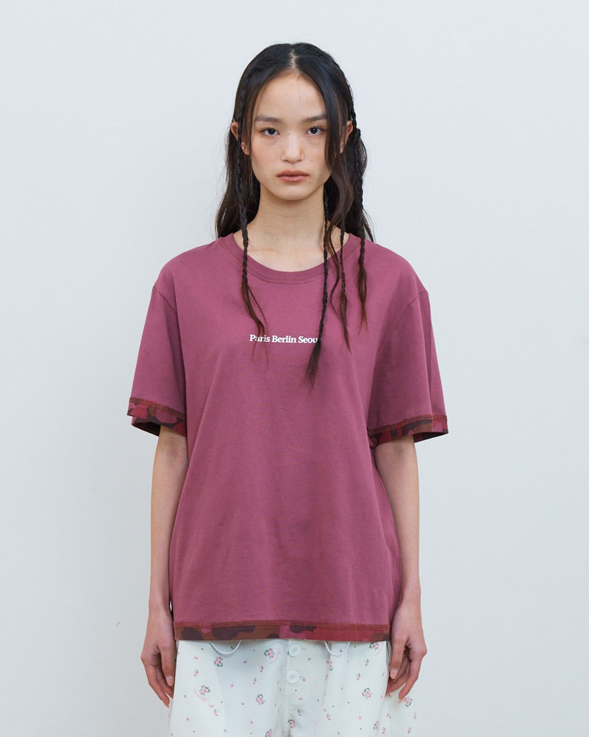 더뮤지엄비지터(THEMUSEUMVISITOR) VINTAGE WASHED CAMO LINED T-SHIRTS (BURGUNDY)