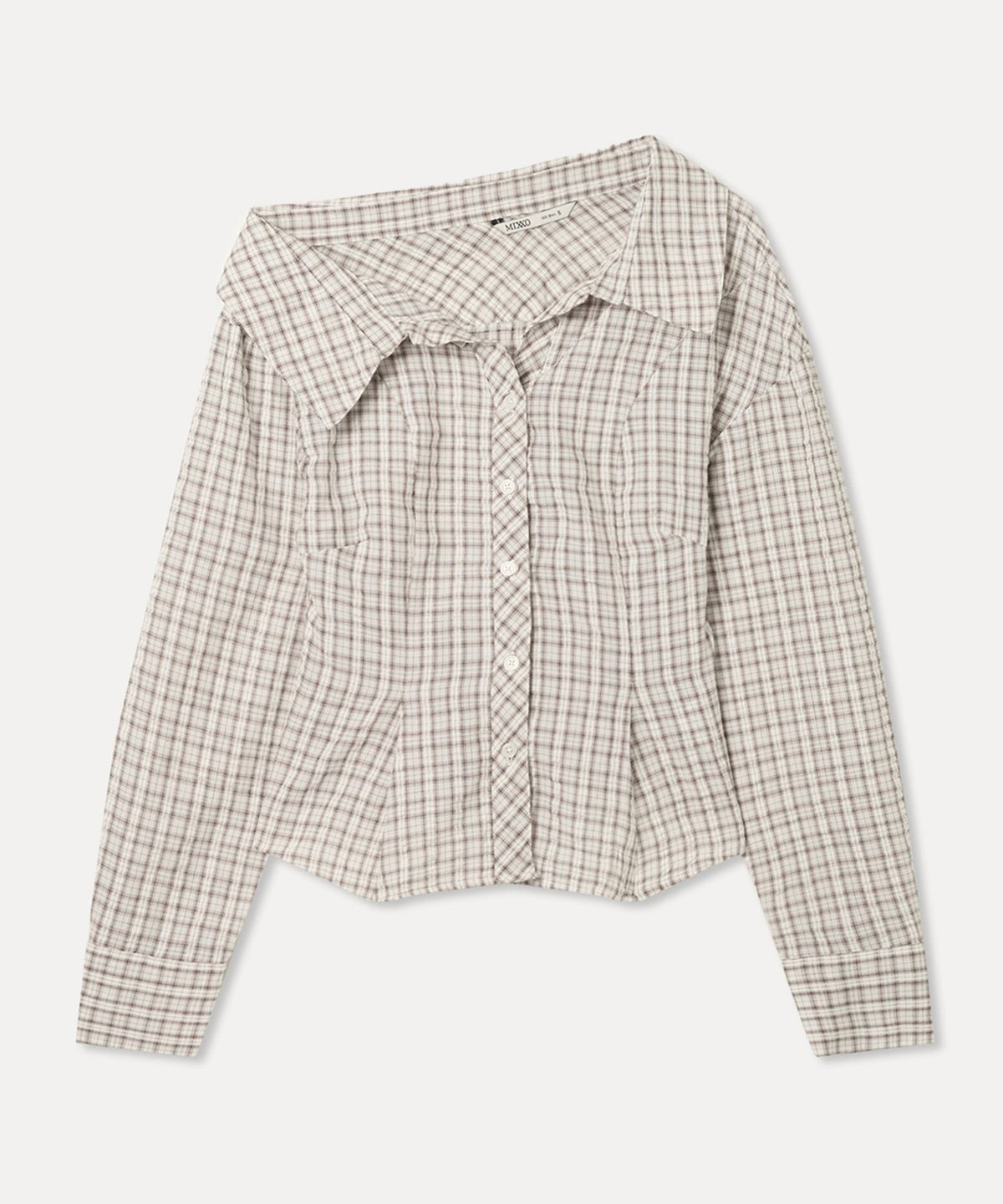 미쏘(MIXXO) 원오프숄더 체크 셔츠_MIWYWG412B