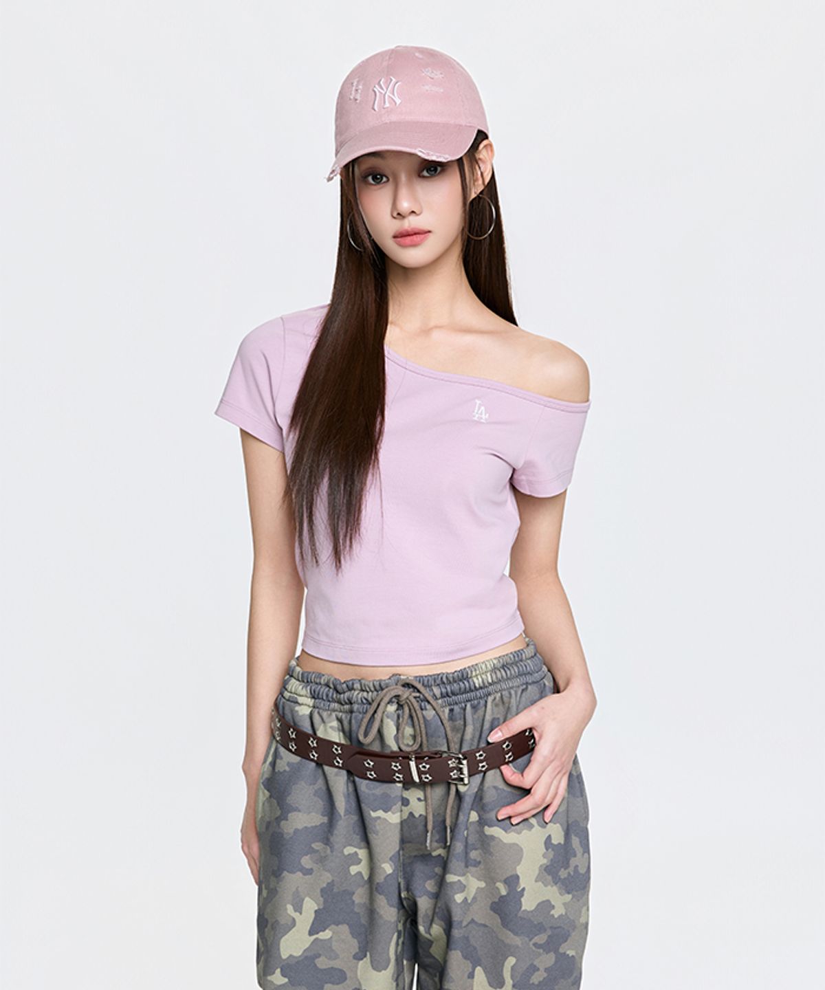 엠엘비(MLB) 여성 베이직 오프숄더 반팔 티셔츠 LA (L.Lavender)