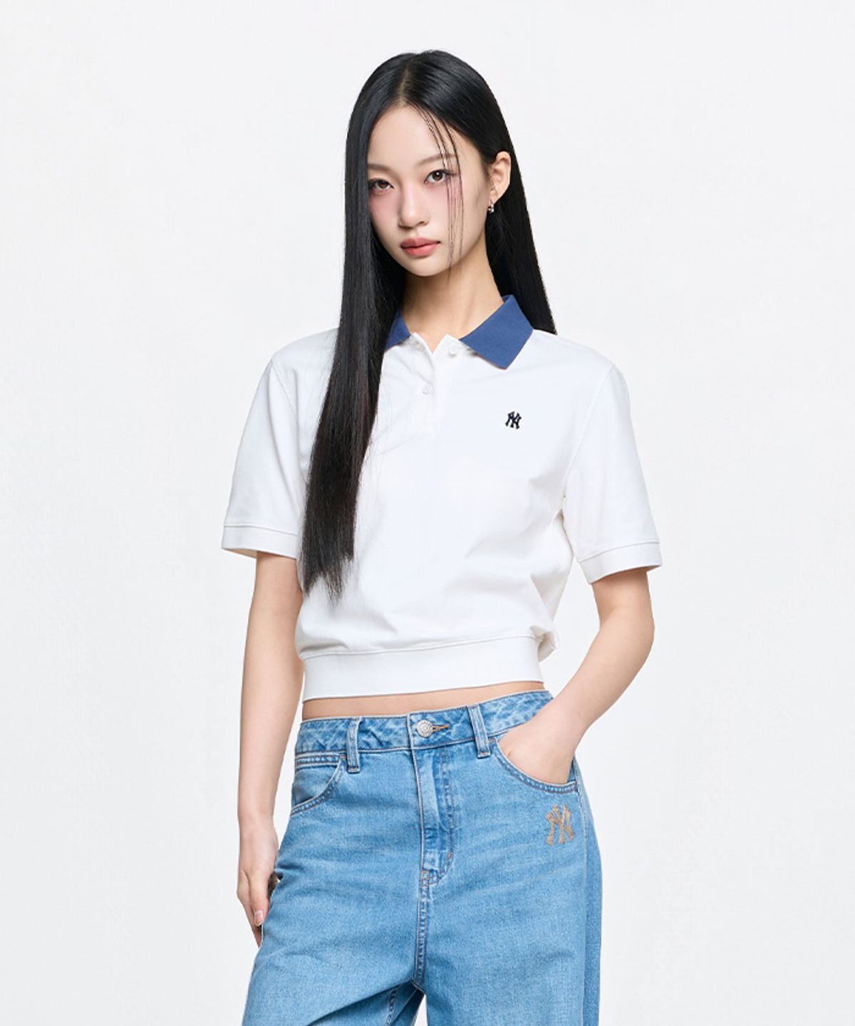 엠엘비(MLB) 여성 베이직 크롭 카라 티셔츠 NY (Ivory)