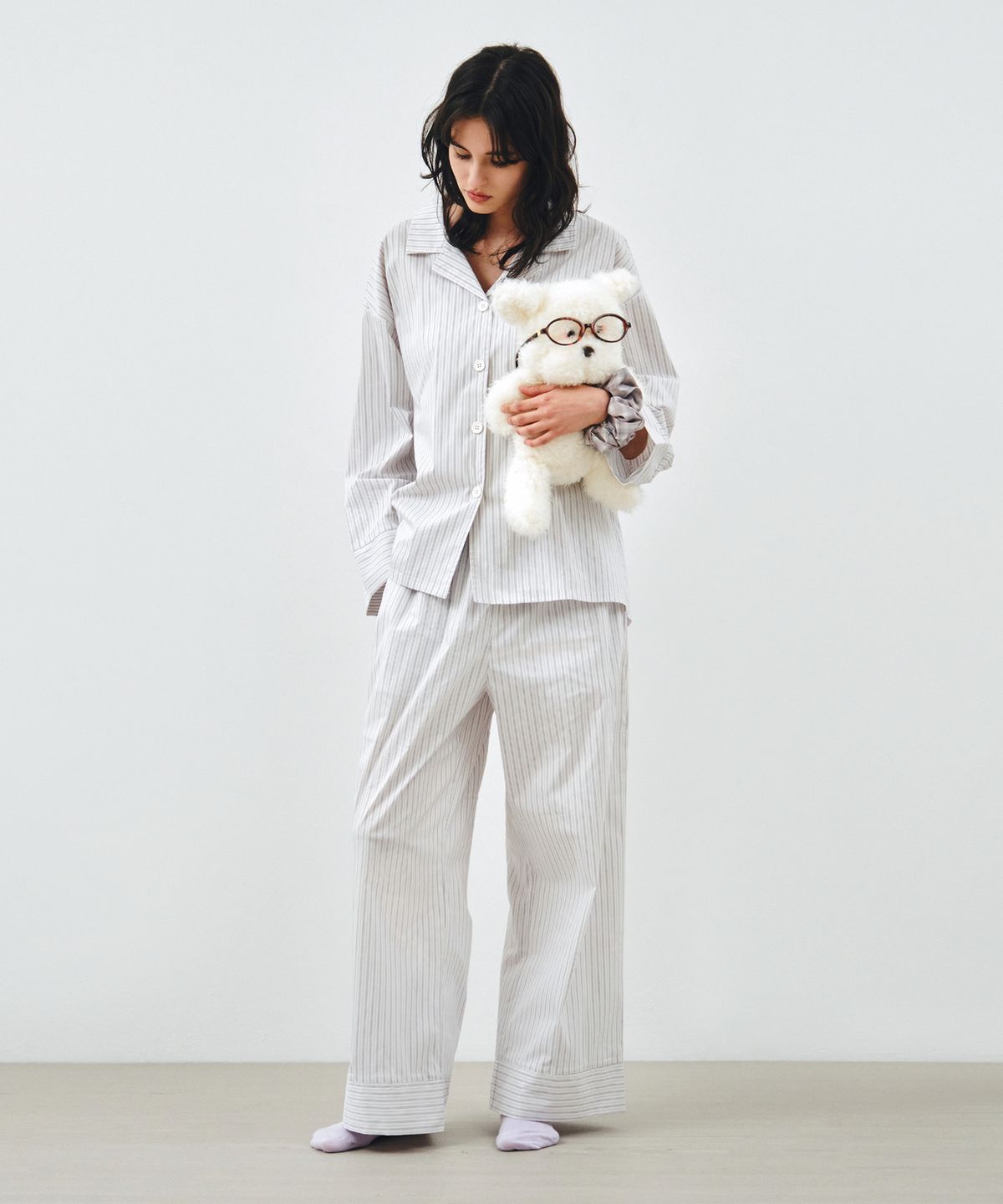 몽돌(MONGDOL) [SET] 컴포트 코튼 스트라이프 긴소매 파자마 화이트 MDPJ005WHITE