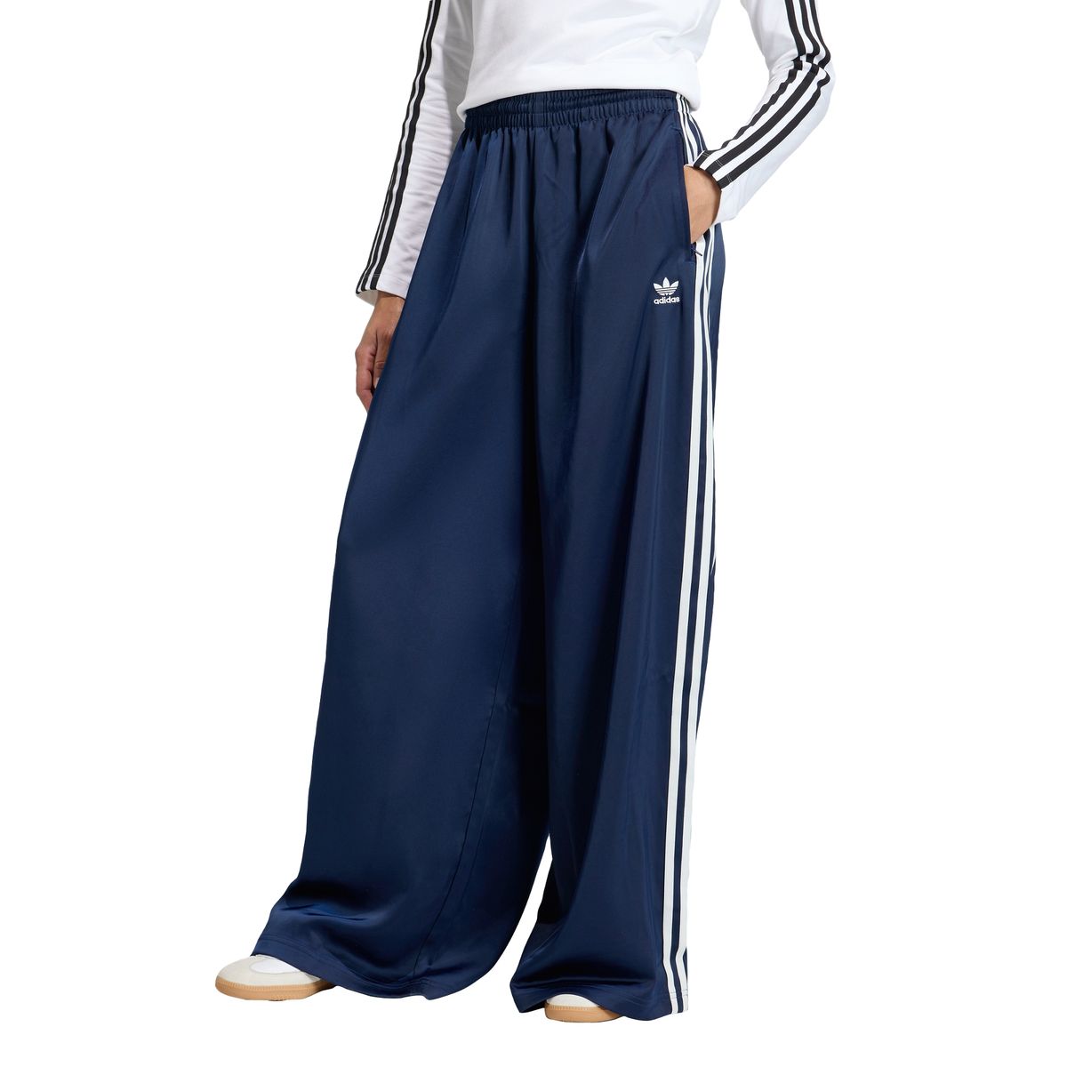 아디다스(ADIDAS) 새틴 와이드 레그 트랙 팬츠 - 나이트인디고:화이트 / KQ6543