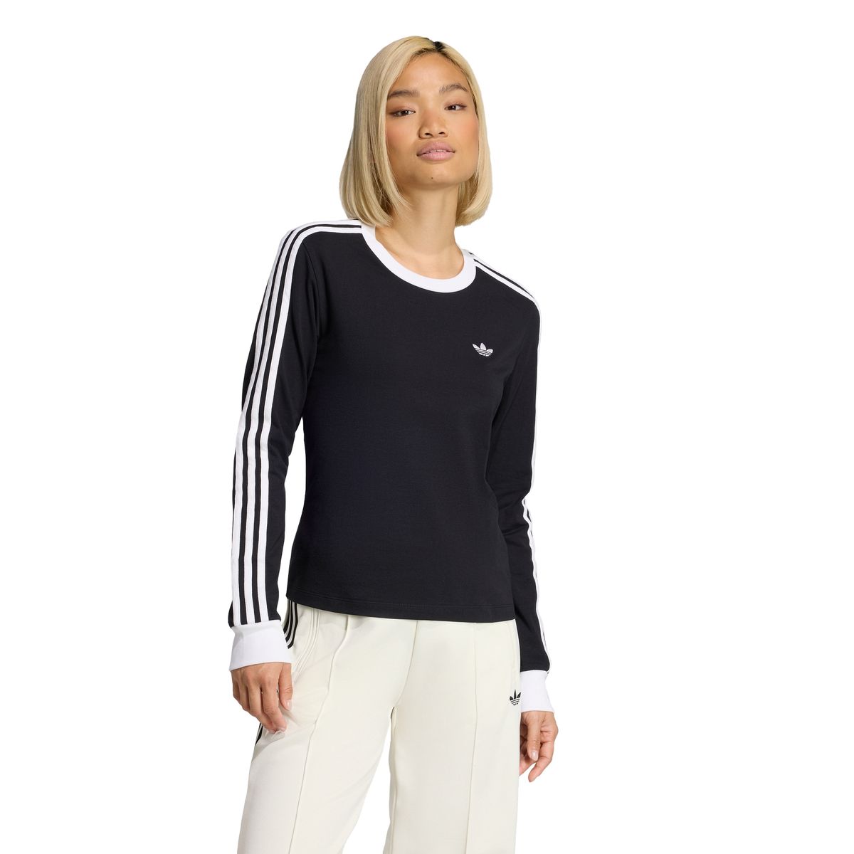 아디다스(ADIDAS) 3-스트라이프 롱 슬리브 슬림 핏 티셔츠 - 블랙:화이트 / KD7964