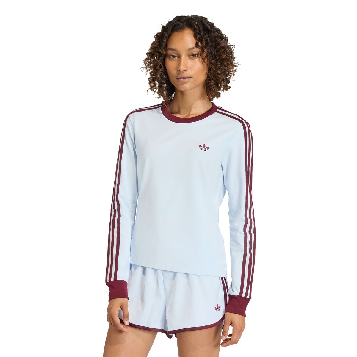 아디다스(ADIDAS) 3-스트라이프 롱 슬리브 슬림 핏 티셔츠 - 크리스탈스카이:마룬 / KD3689