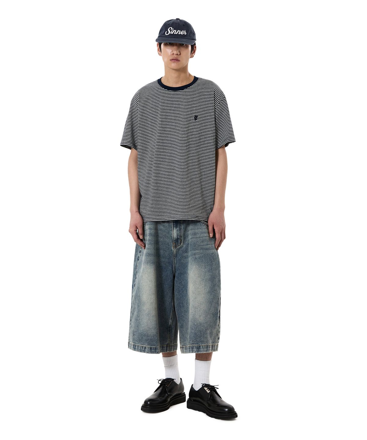 오픈야드(오와이)(OPENYARD(OY)) STRIPE EMBROIDERED LOGO TEE - NAVY