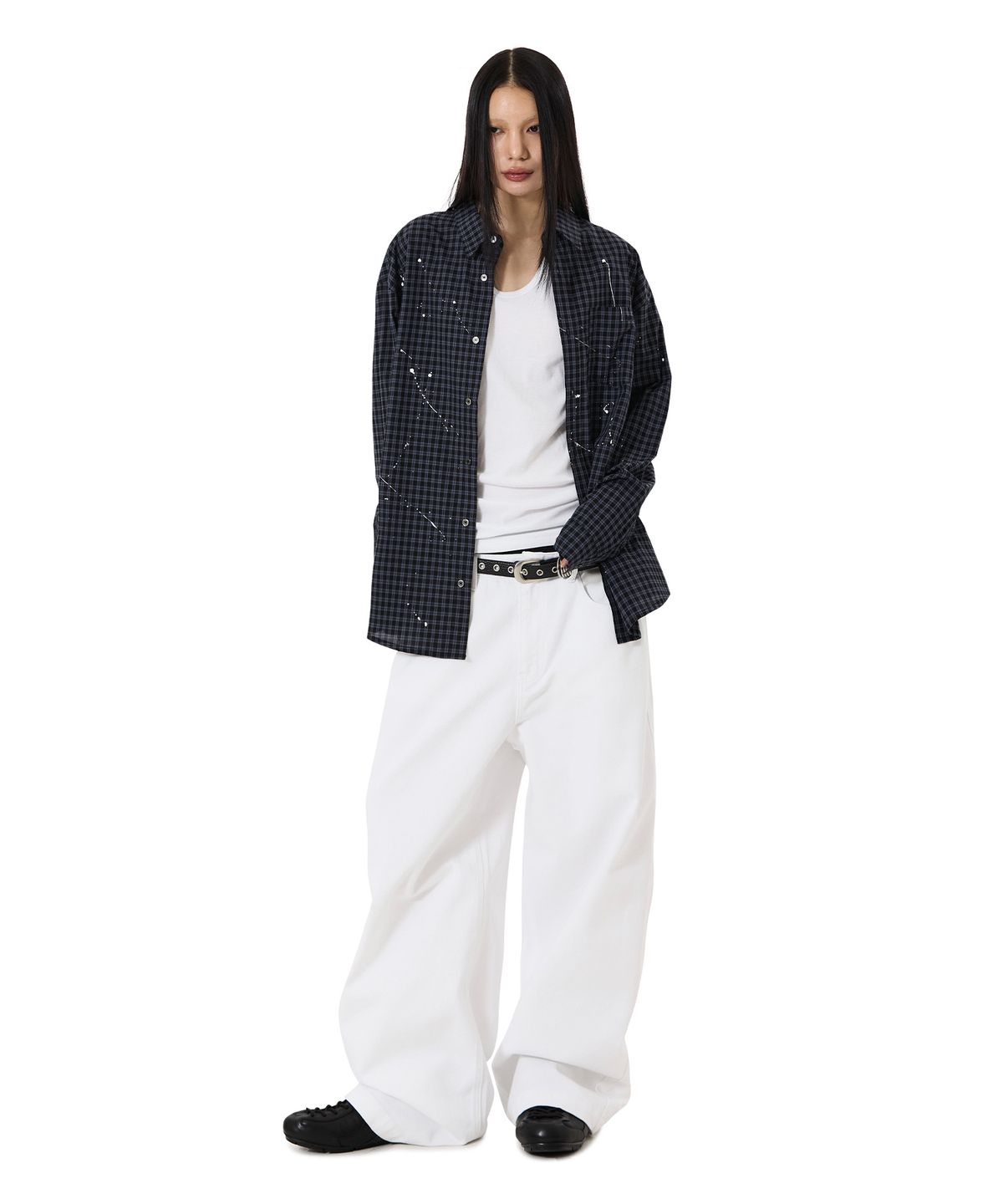 오픈야드(오와이)(OPENYARD(OY)) SPLATTERED CHECK SHIRT - VALHALLA BLACK