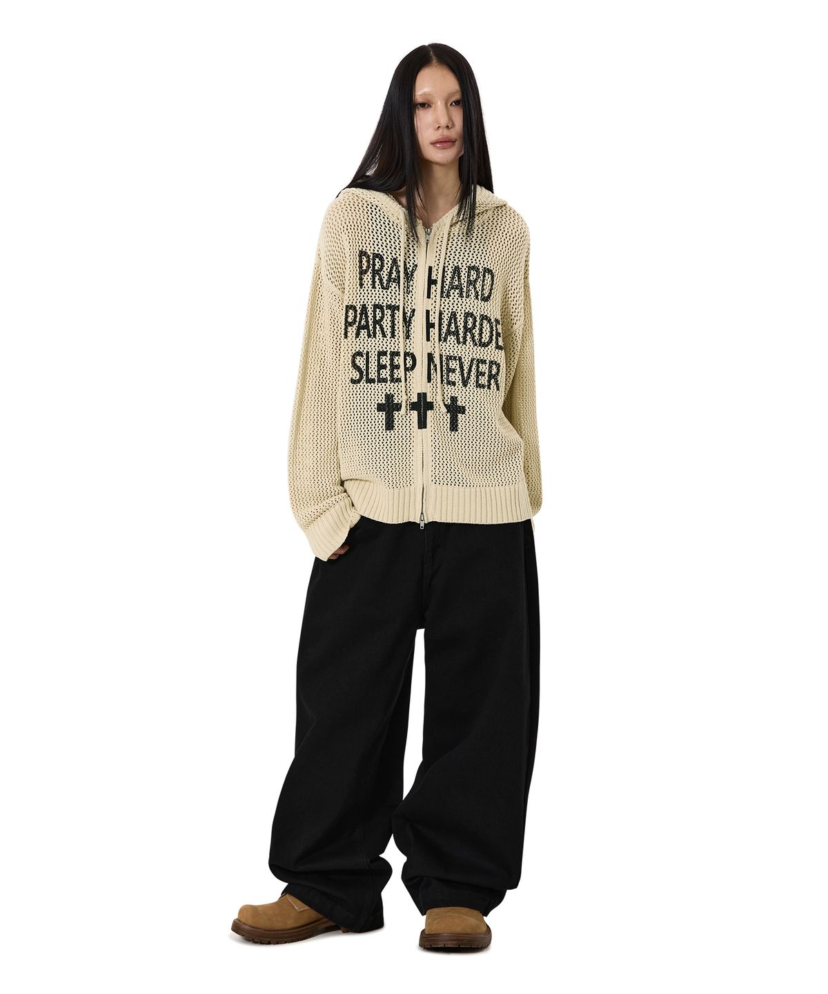 오픈야드(오와이)(OPENYARD(OY)) PRAY HARD KNIT HOODIE ZIP UP - IVORY