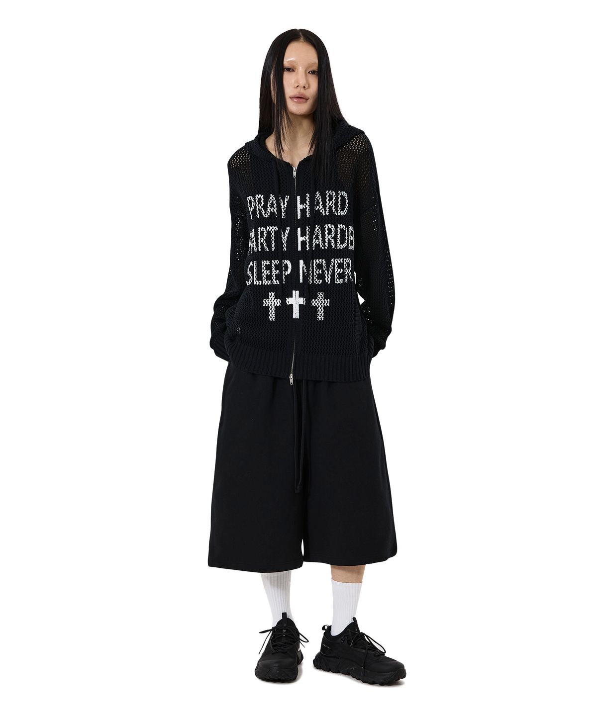 오픈야드(오와이)(OPENYARD(OY)) PRAY HARD KNIT HOODIE ZIP UP - BLACK