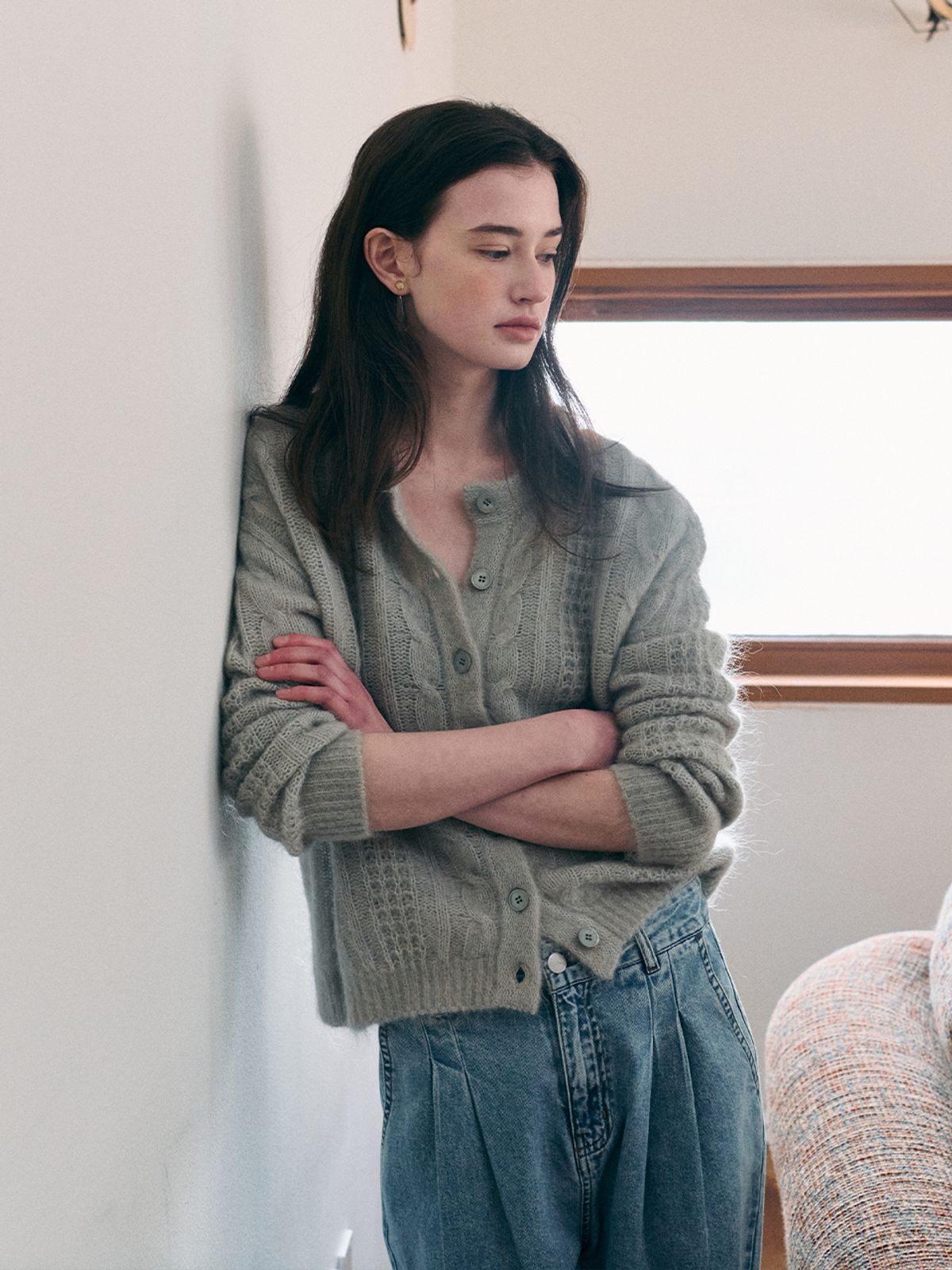 르니나(LENINA) JASMIN cable mohair knit cardigan_MINT