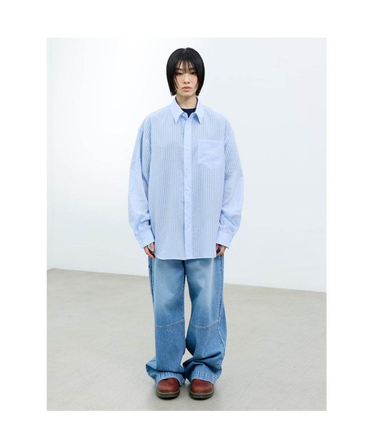 샌드 사운드(SAND SOUND) (UNISEX) 조직스트라이프 시어 셔츠  블루