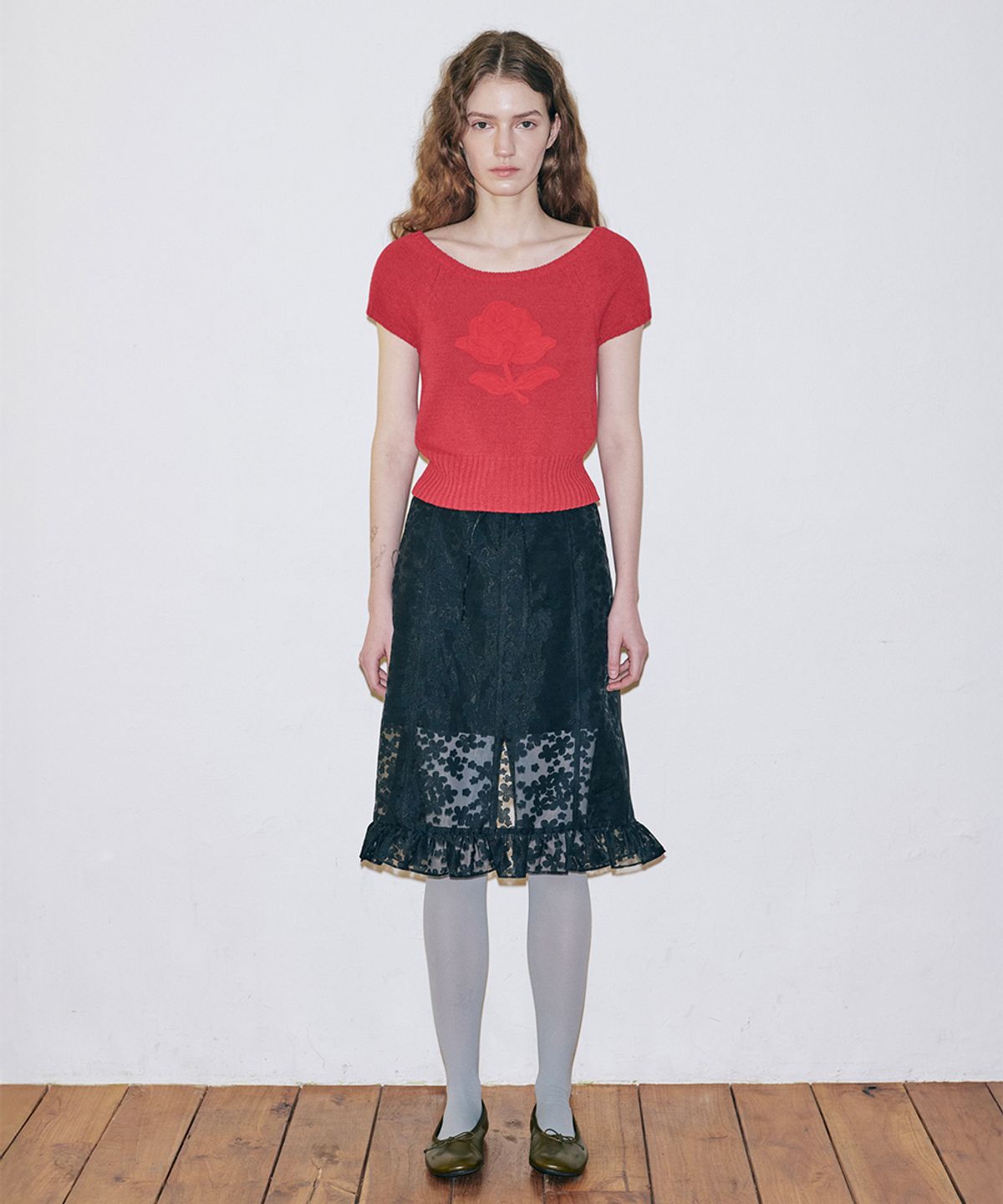 시눈(SINOON) Flower Sheer Skirt (Black)