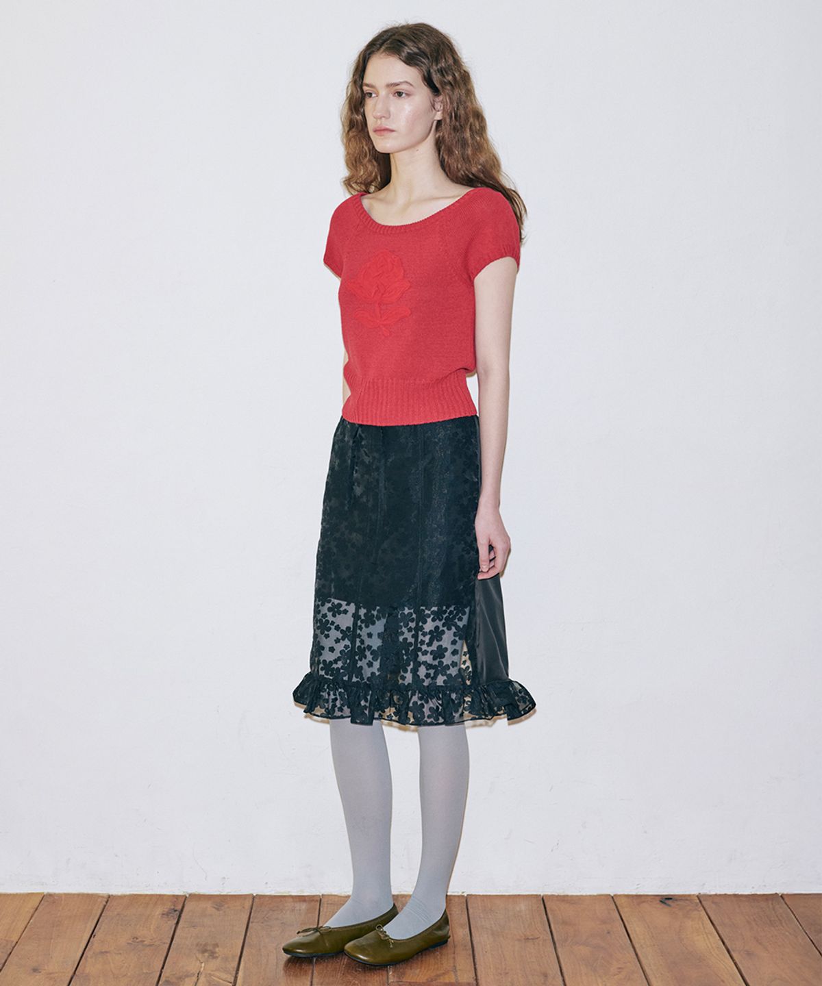 시눈(SINOON) Flower Sheer Skirt (Black)