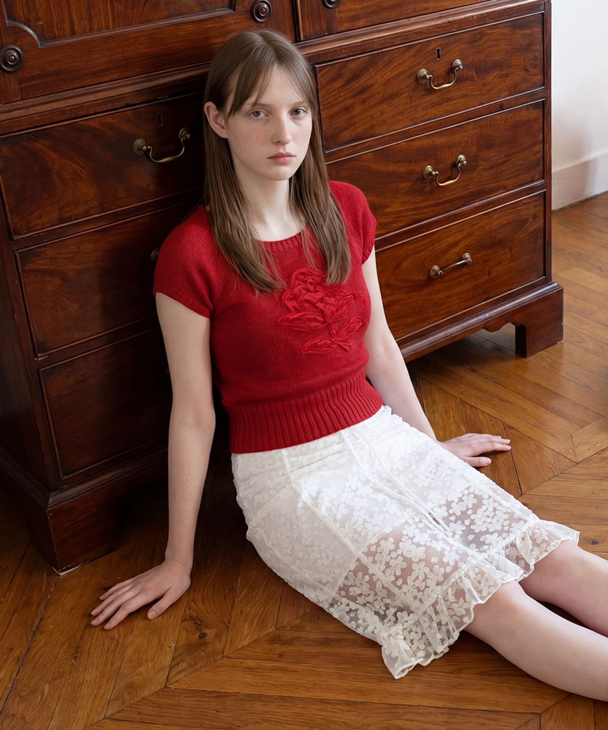 시눈(SINOON) Flower Sheer Skirt (White)