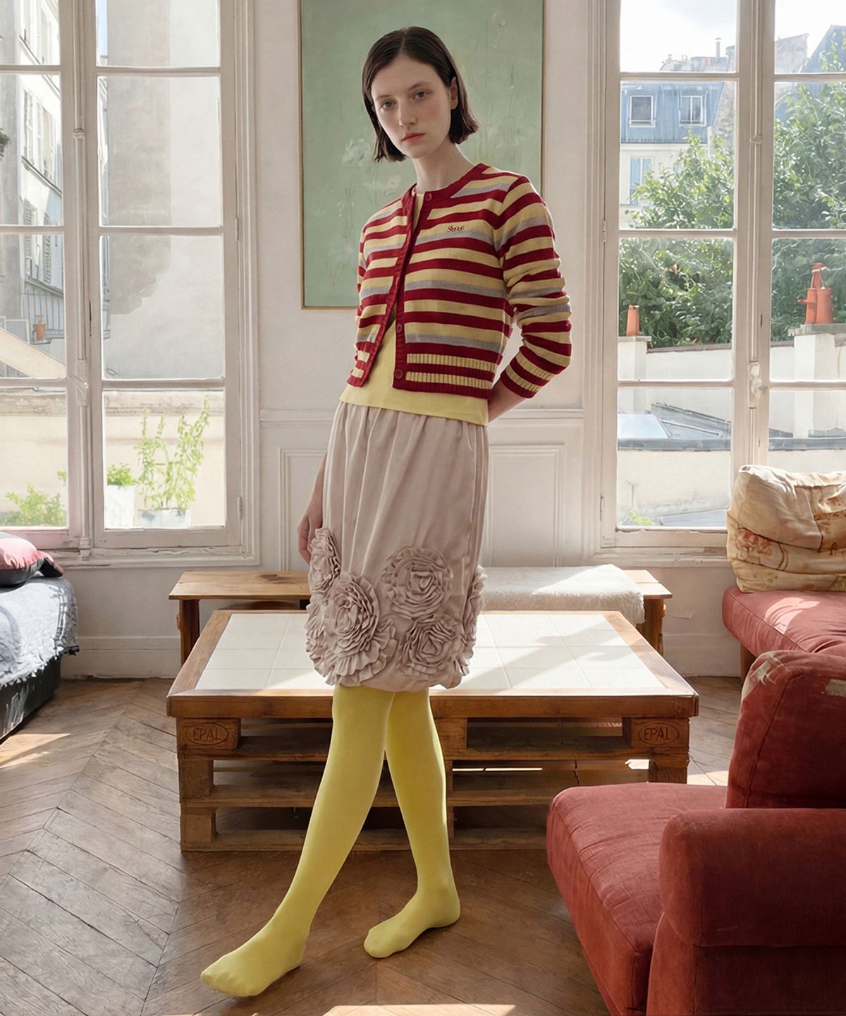 시눈(SINOON) Rose Frill Midi Skirt (Light Beige)