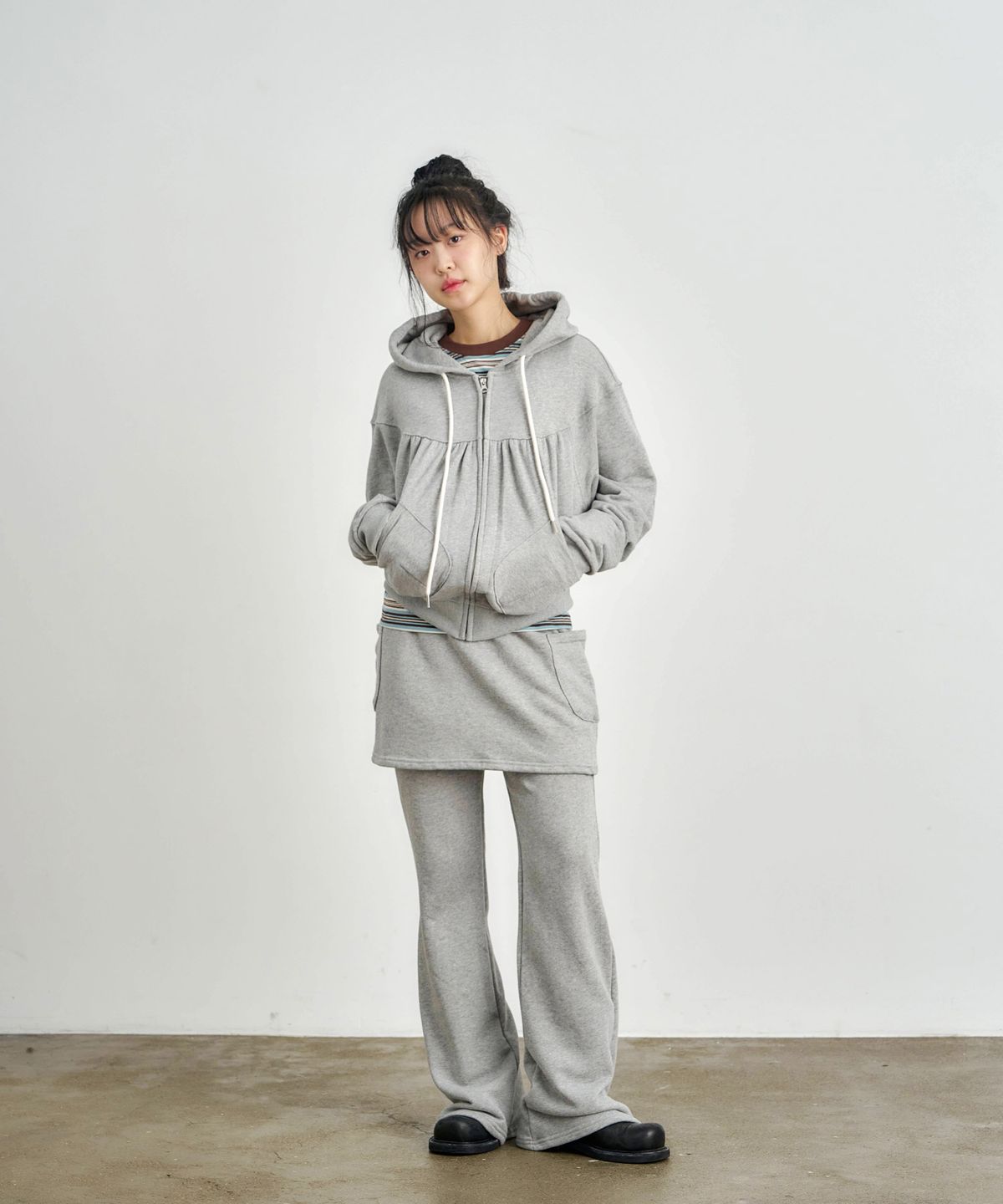 키지코(KIJIKO) ke106-Shirring Hooded Zip Up Melange Gray