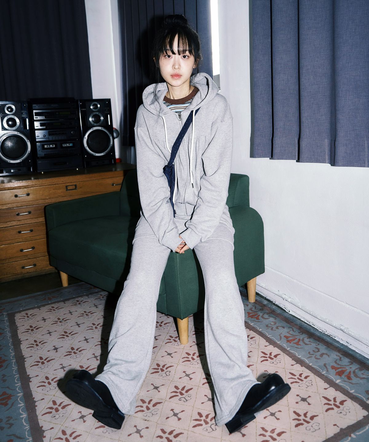 키지코(KIJIKO) ke106-Shirring Hooded Zip Up Melange Gray