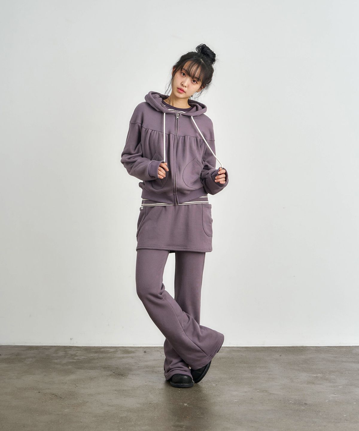 키지코(KIJIKO) ke106-Shirring Hooded Zip Up Purple
