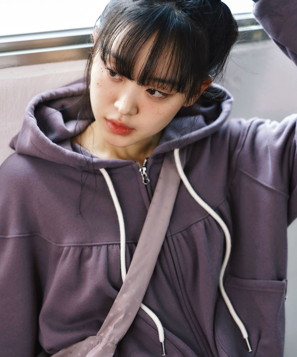 키지코(KIJIKO) ke106-Shirring Hooded Zip Up Purple