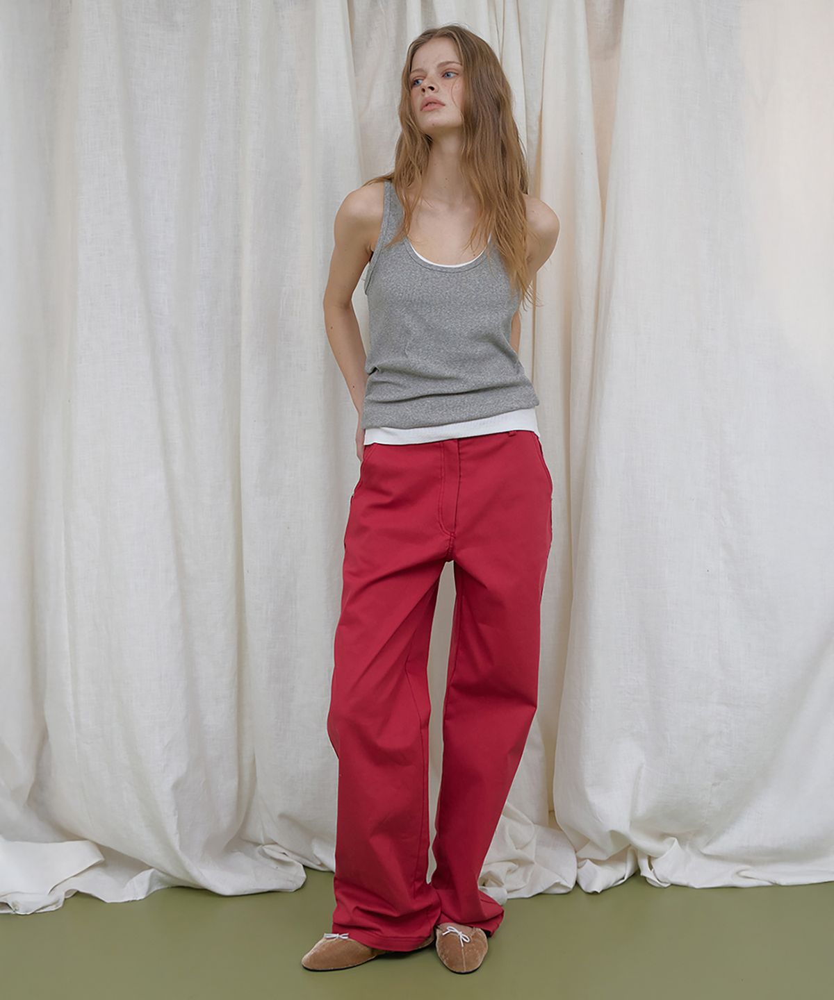 론크(LONQUE) COLOR COTTON WIDE PANTS (RED)