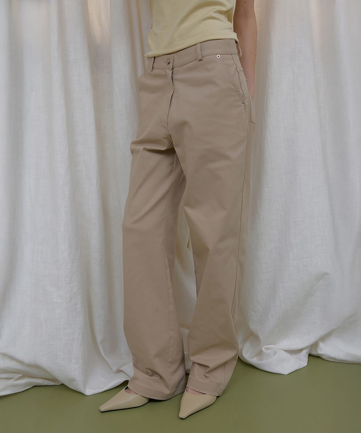 론크(LONQUE) COLOR COTTON WIDE PANTS (BEIGE)