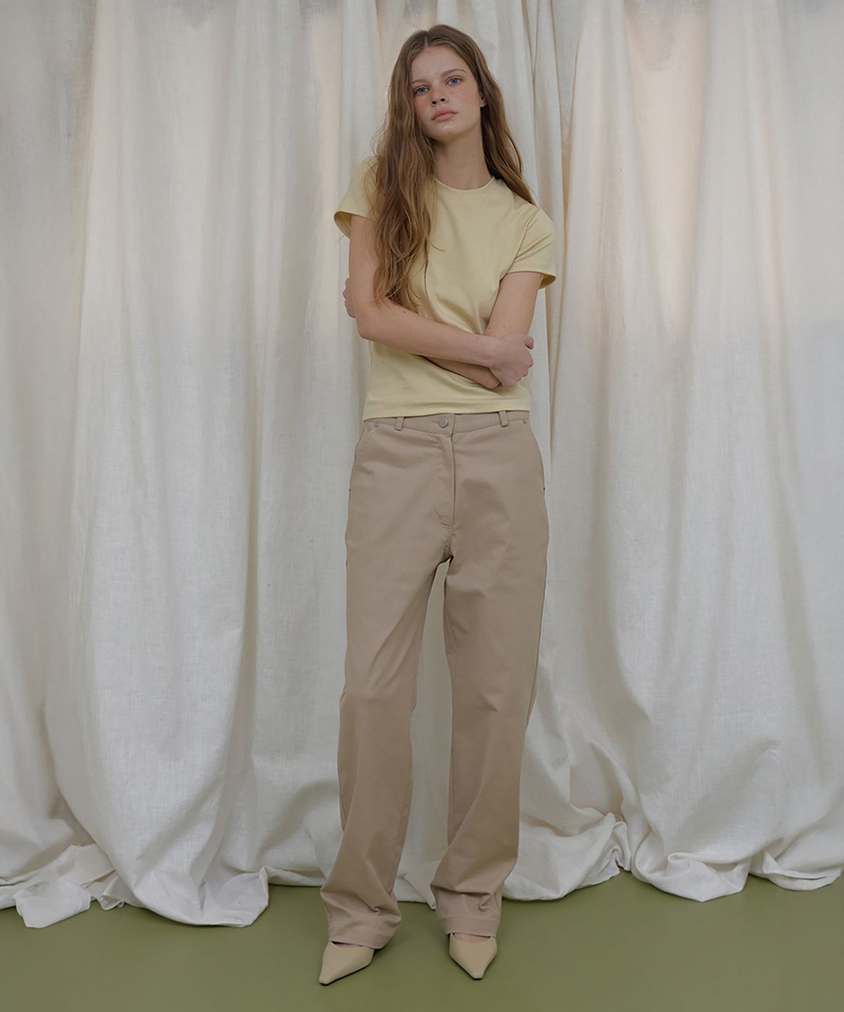 론크(LONQUE) COLOR COTTON WIDE PANTS (BEIGE)