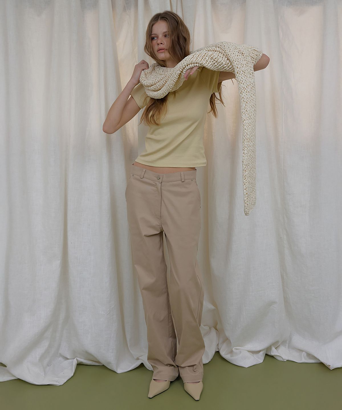 론크(LONQUE) COLOR COTTON WIDE PANTS (BEIGE)