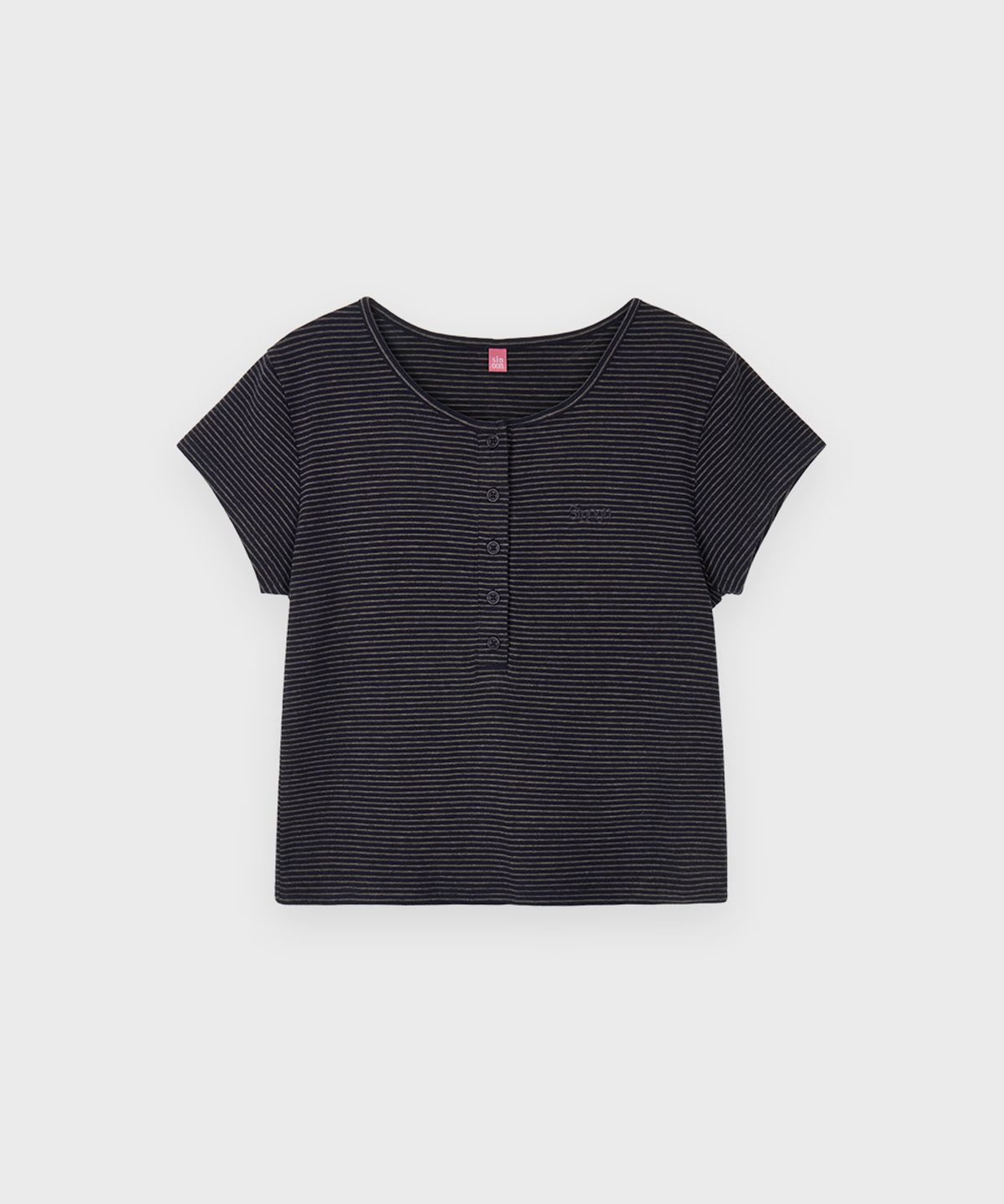시눈(SINOON) SN Henley Neck Stripe Cap Sleeved T-shirt (Navy)