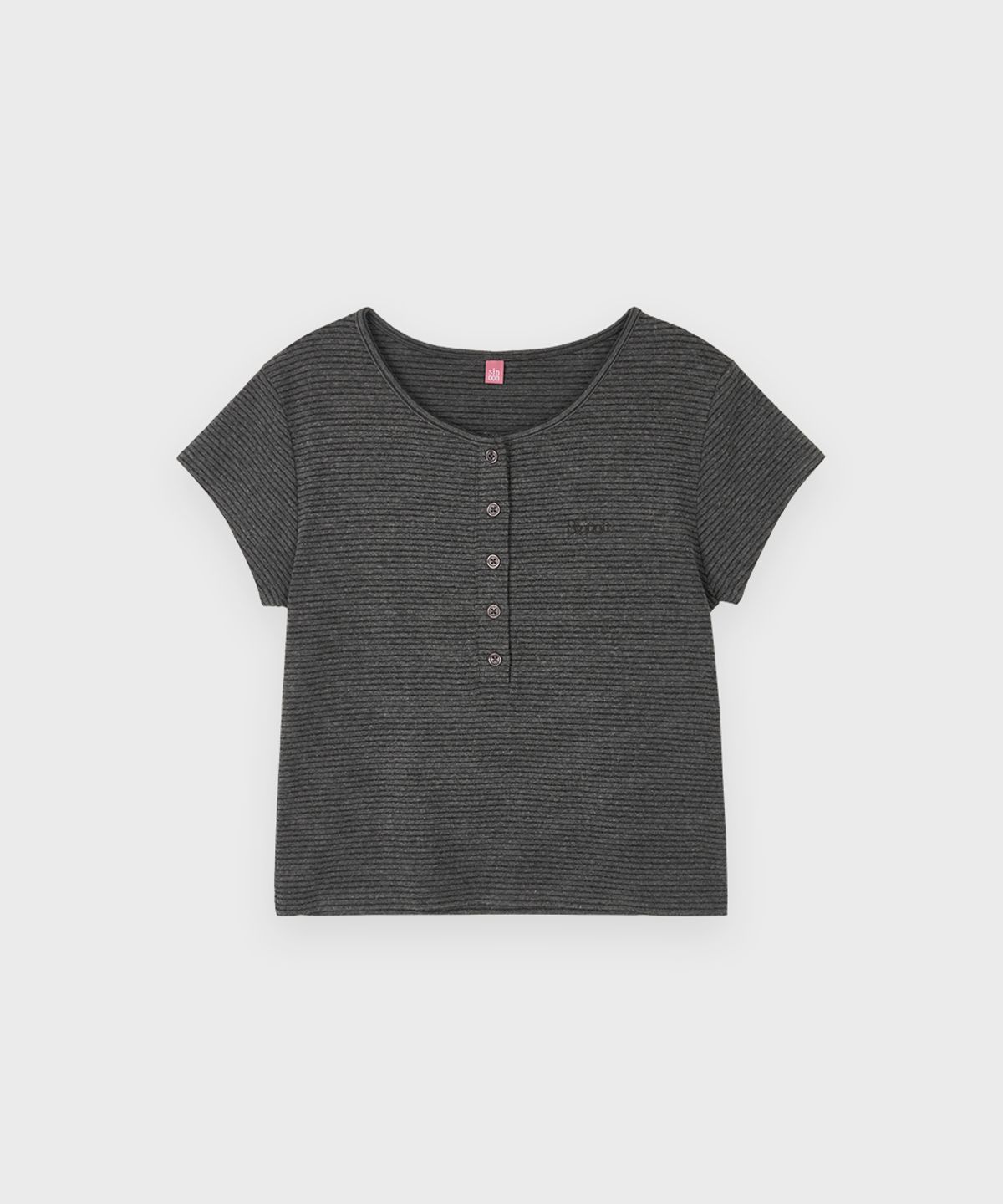 시눈(SINOON) SN Henley Neck Stripe Cap Sleeved T-shirt (Dark Melange Grey)