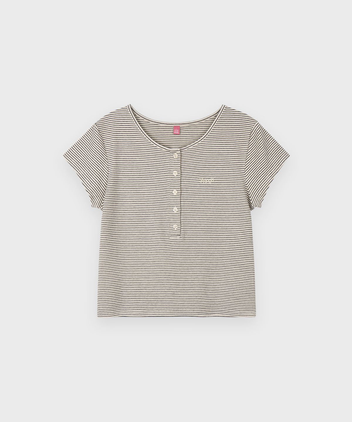 시눈(SINOON) SN Henley Neck Stripe Cap Sleeved T-shirt (Ivory)