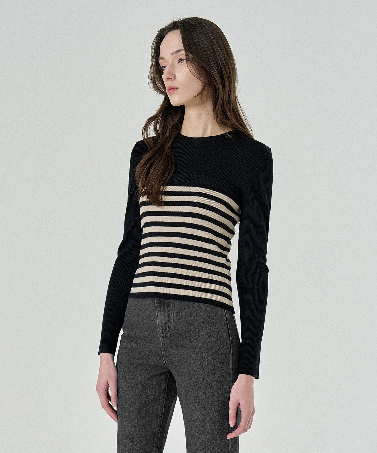 필로트(PELOTE) Merino Stripe Top (Black Beige)
